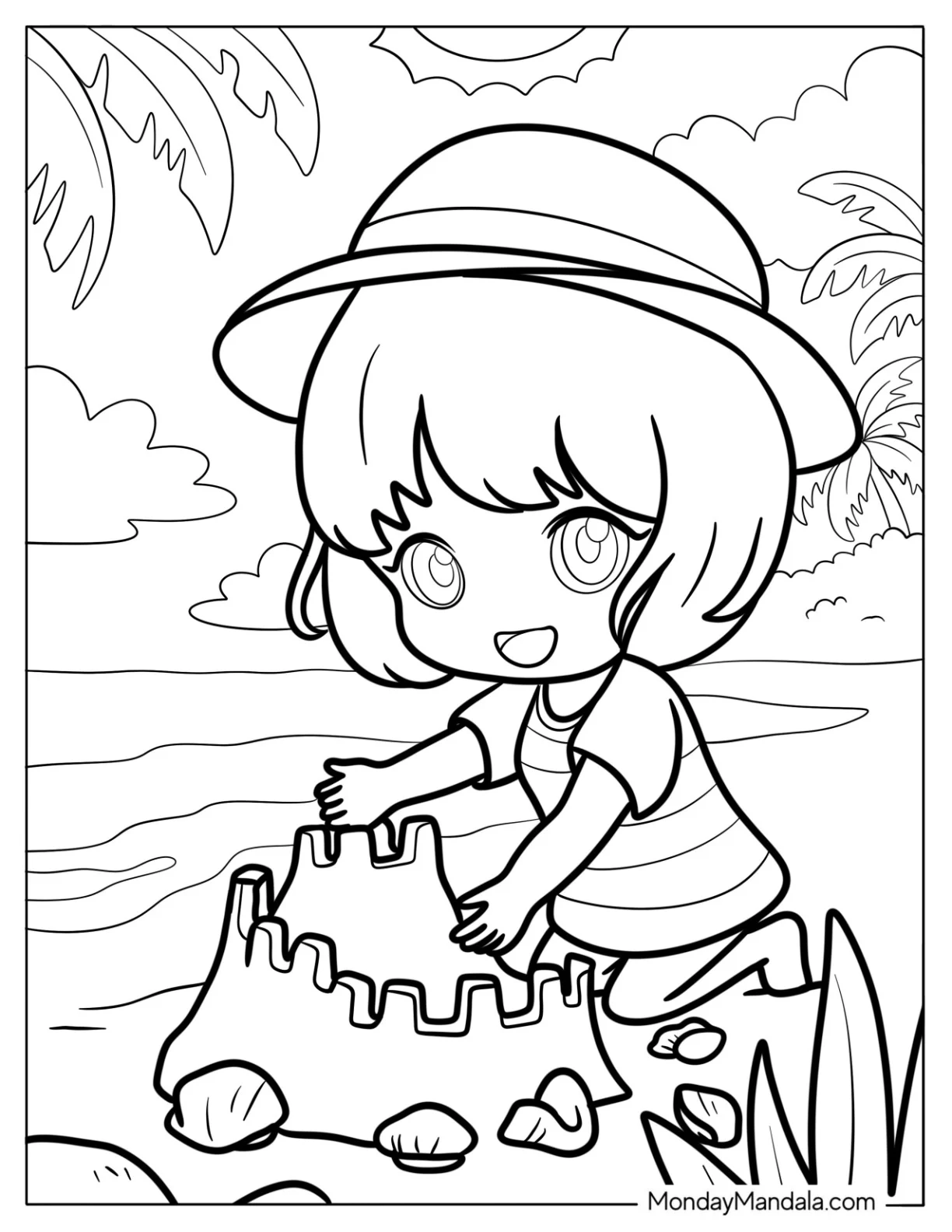 Playful Chibi Coloring Page Kid Building a Sandcastle on the Beach coloring page