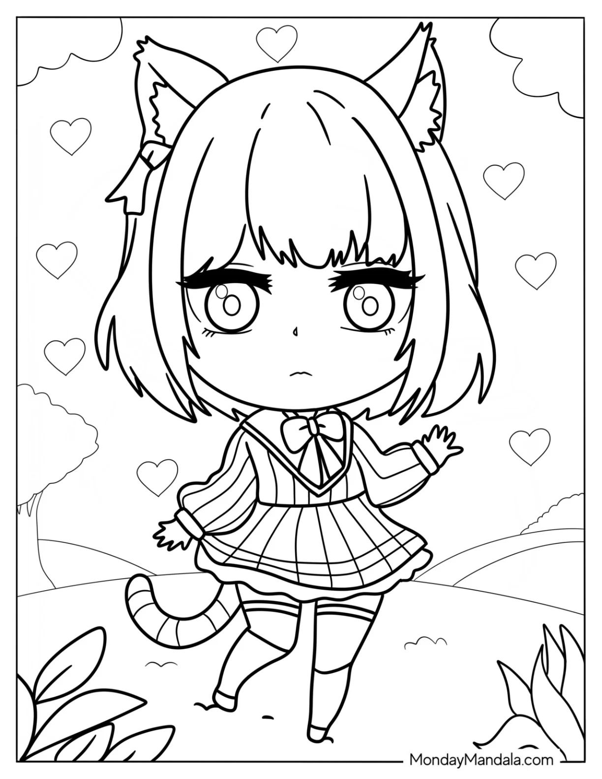 Serious Chibi Girl With Cat Ears And Tail Coloring Sheet coloring page