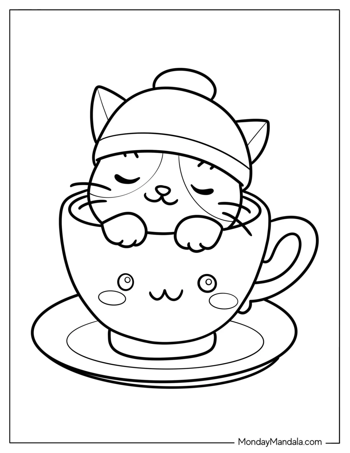 Sleepy Chibi Coloring Page Cat Resting Inside a Teacup For Preschoolers coloring page