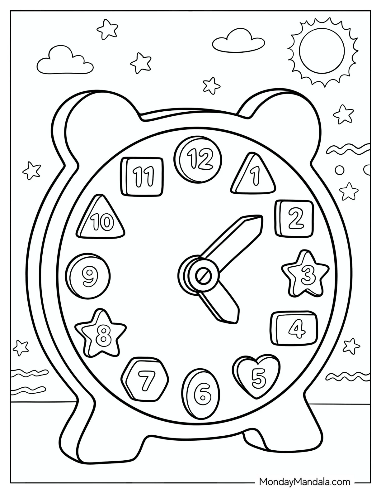 Bear Shaped Clock with Geometric Numbers coloring page