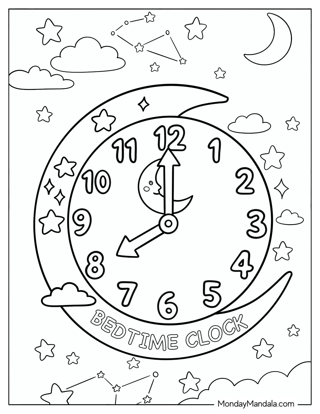 Bedtime Clock Surrounded by Stars and Crescent Moons Coloring Sheet coloring page