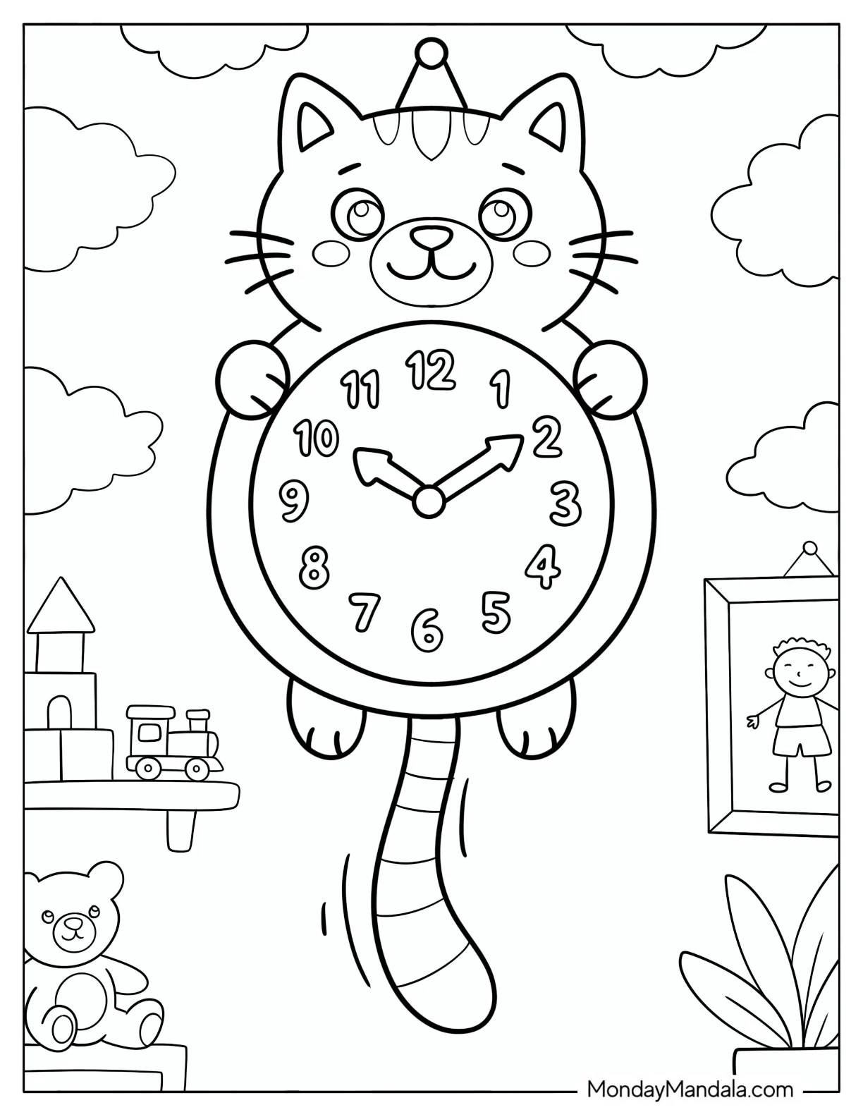 Cat Shaped Wall Clock with a Swinging Tail Coloring Sheet coloring page — printable line art