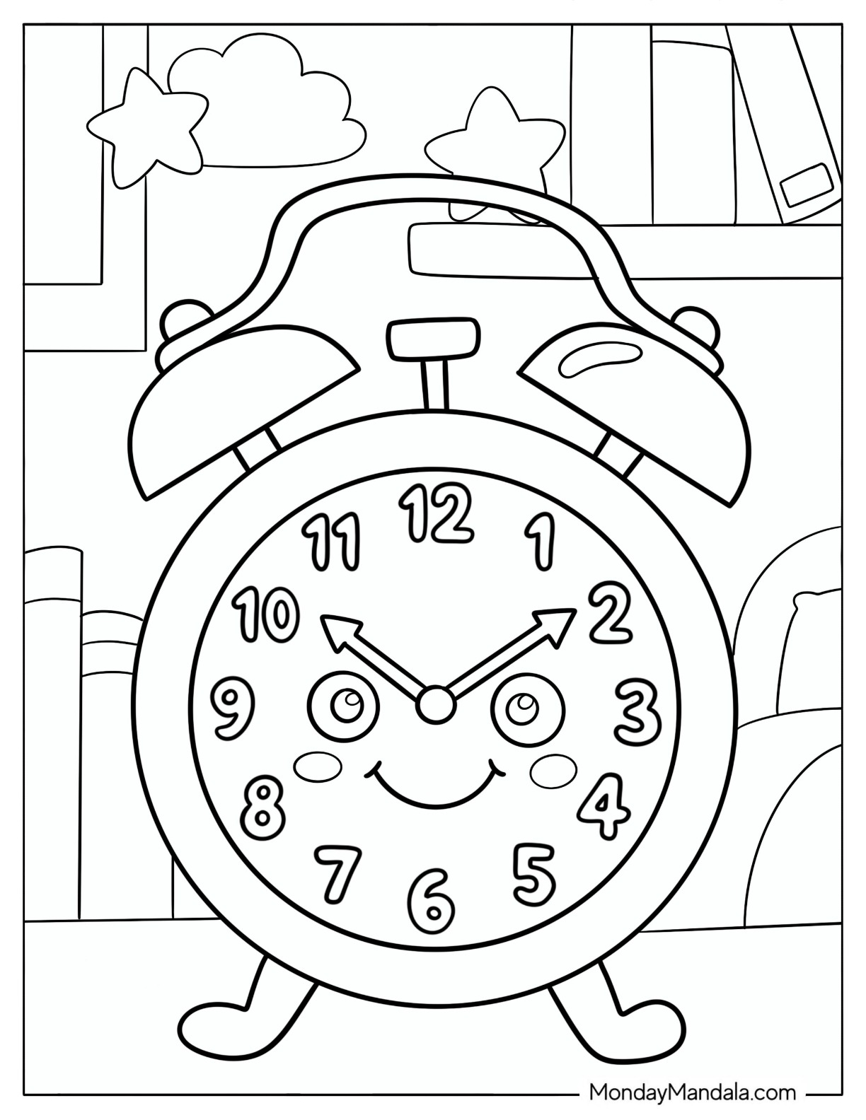 Cheerful Twin Bell Alarm Clock Coloring Page for Kids coloring page — printable line art