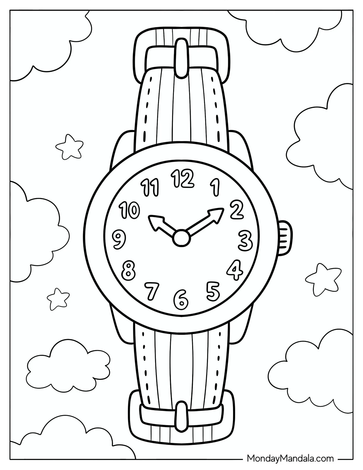 Classic Wristwatch Surrounded by Clouds and Stars Coloring Page coloring page — printable line art