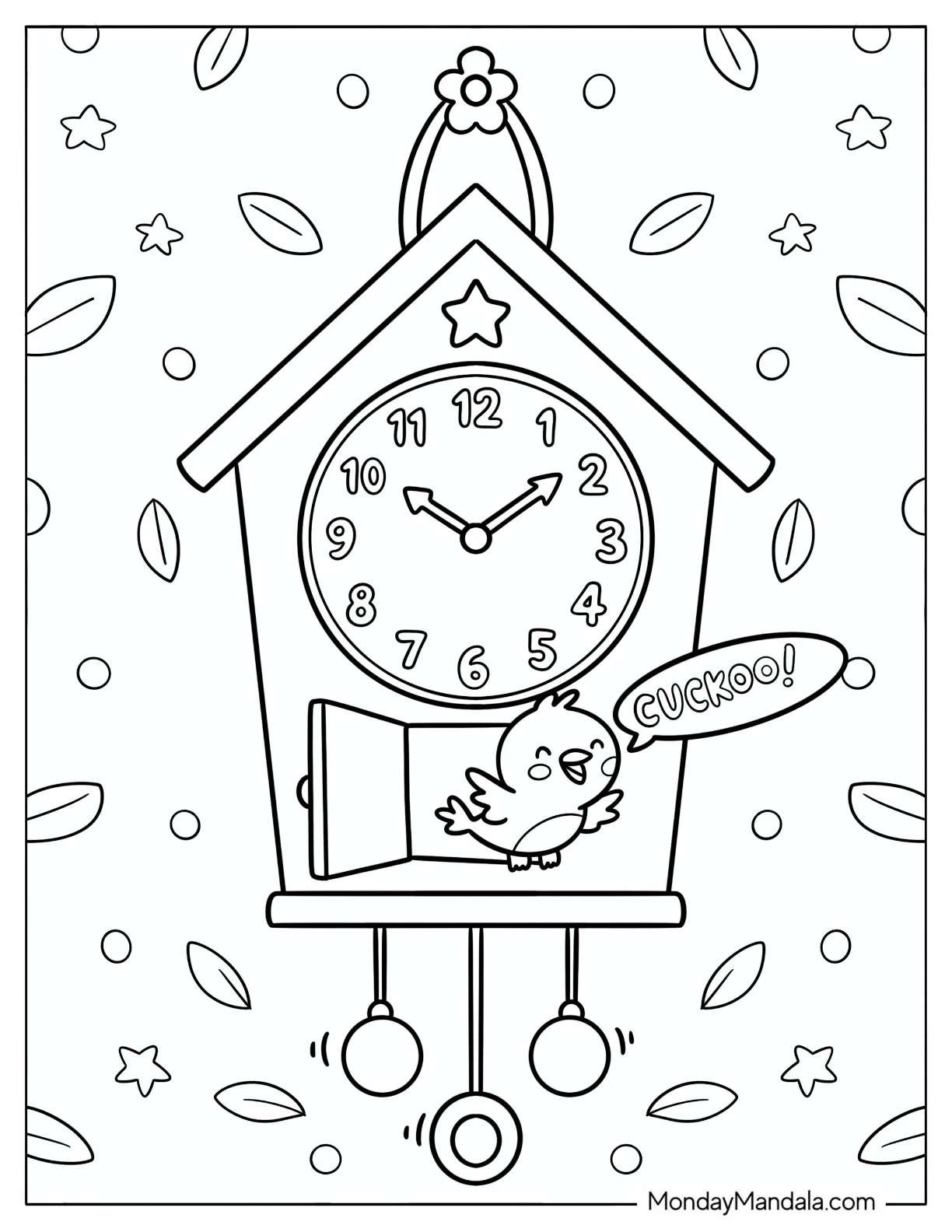 Cuckoo Bird Emerging from a Leafy Pendulum Clock Coloring Page coloring page