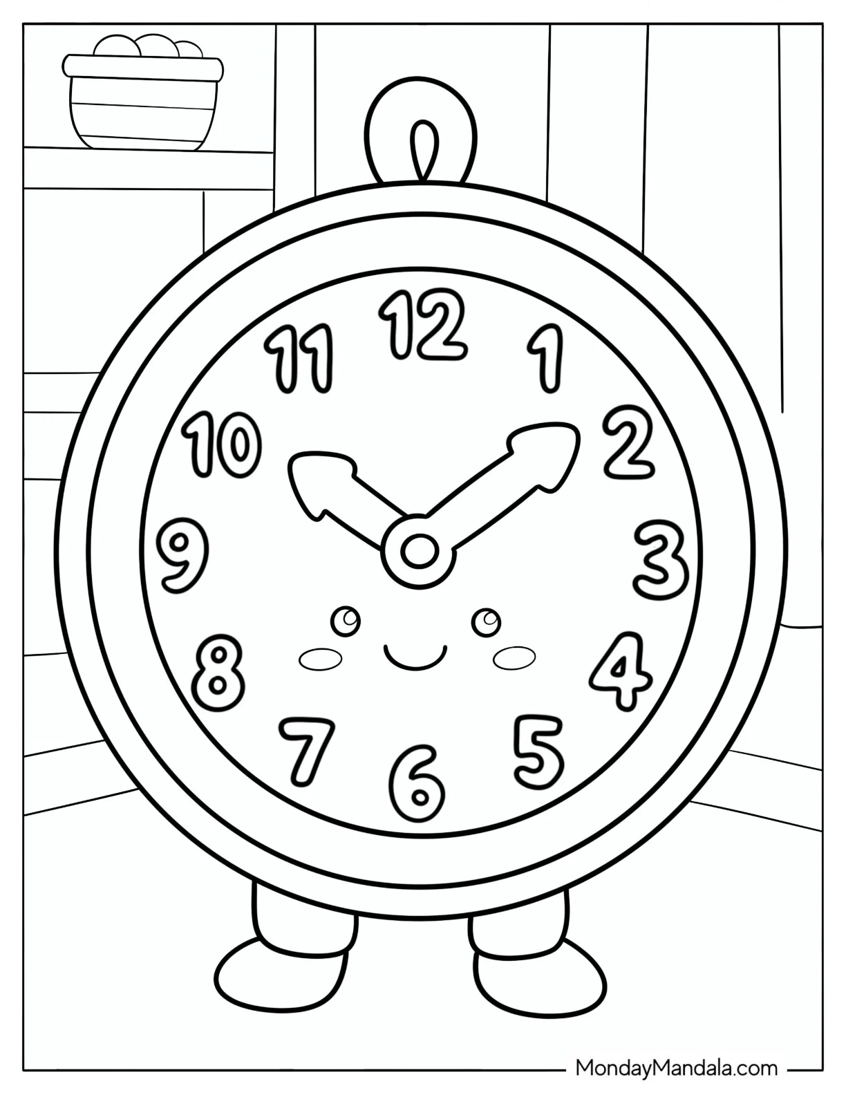 Cute Round Alarm Clock with Little Feet Coloring Page for Kids coloring page