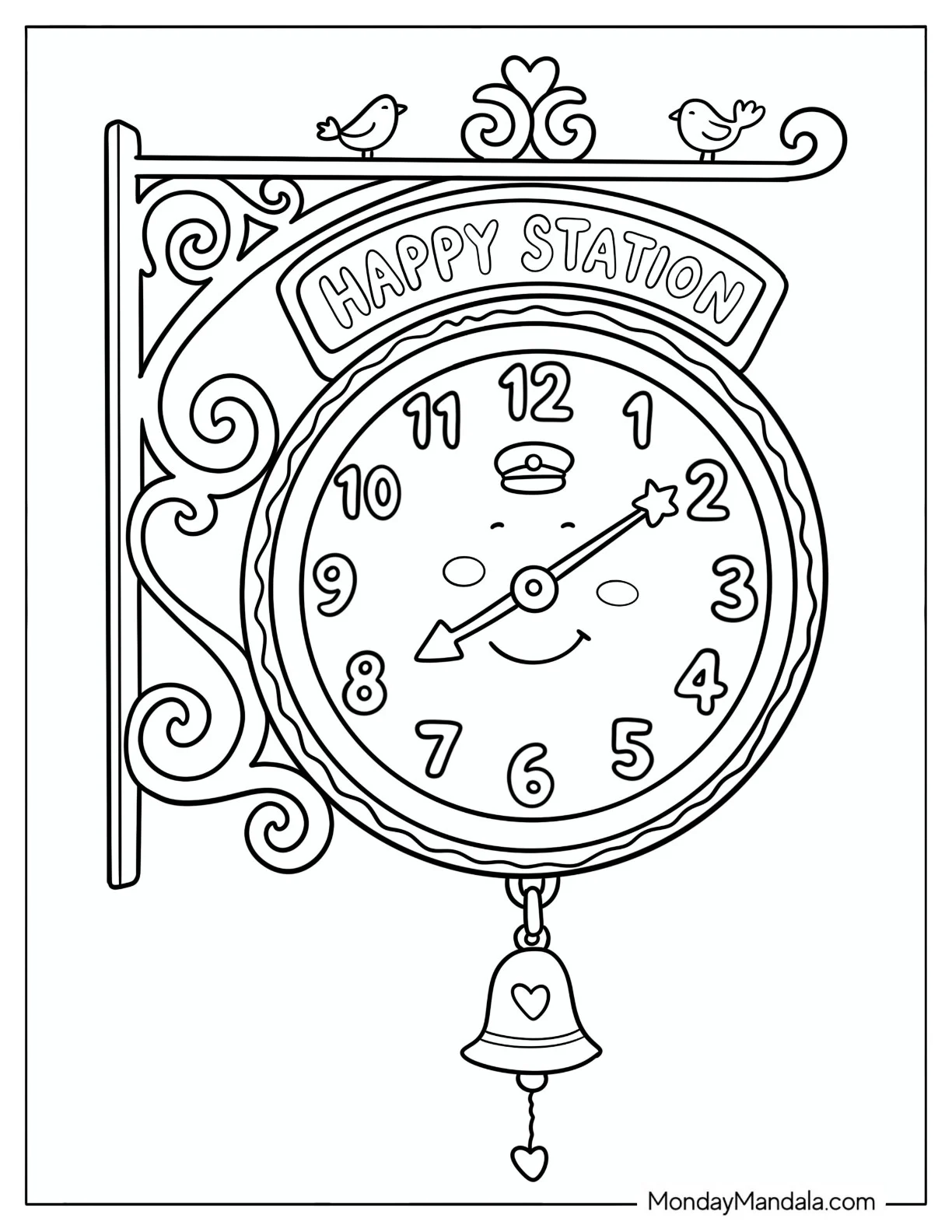 Decorative Station Clock with Birds and a Hanging Bell coloring page