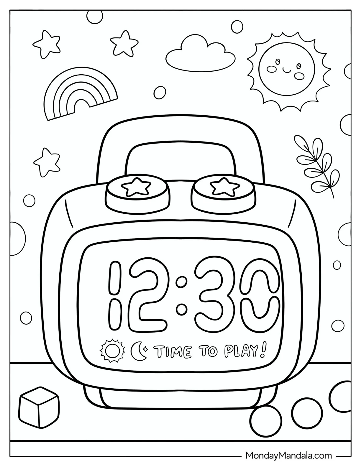 Digital Alarm Clock Showing Playtime Coloring Page for Kids coloring page — printable line art