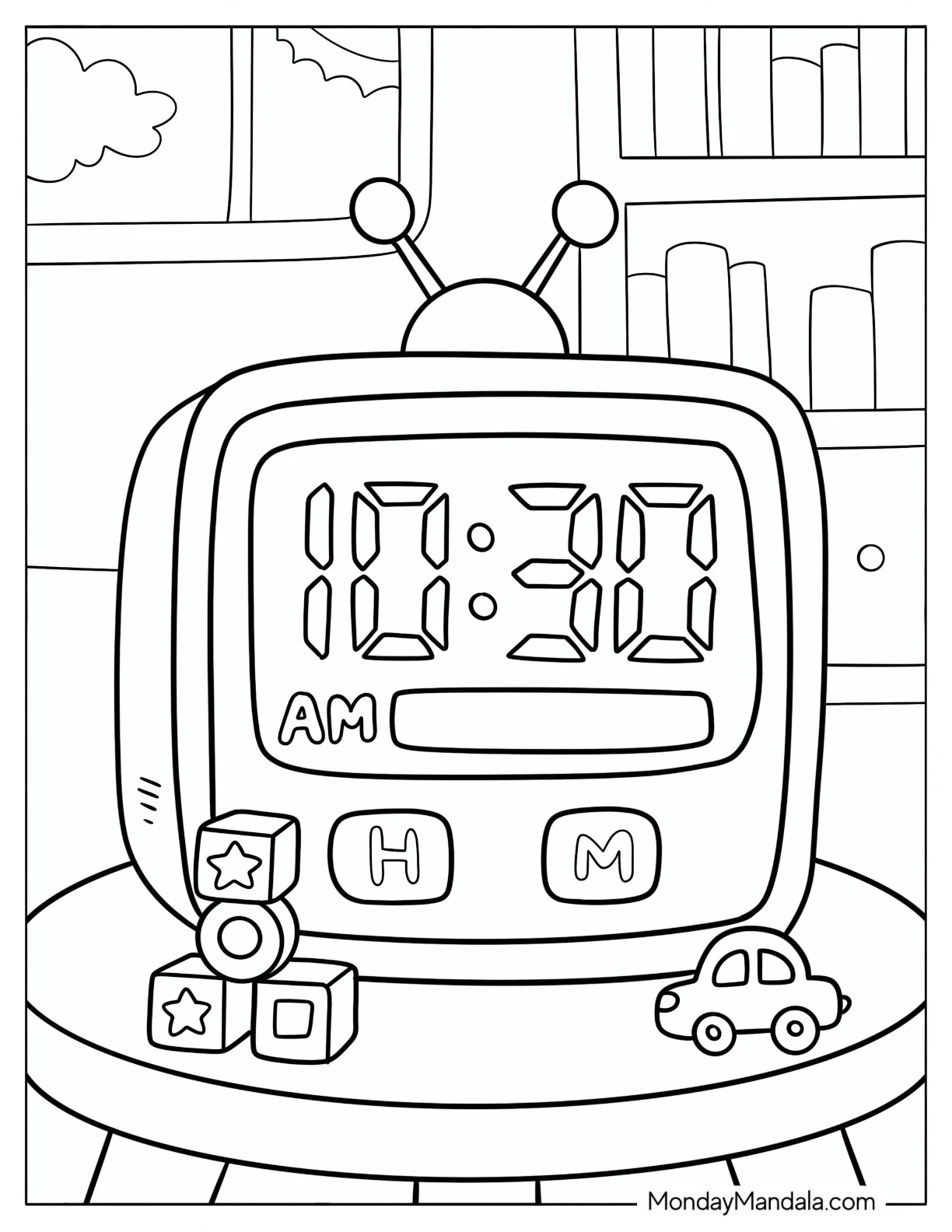 Digital Clock Displaying 10 30 Beside Toy Blocks and a Car coloring page
