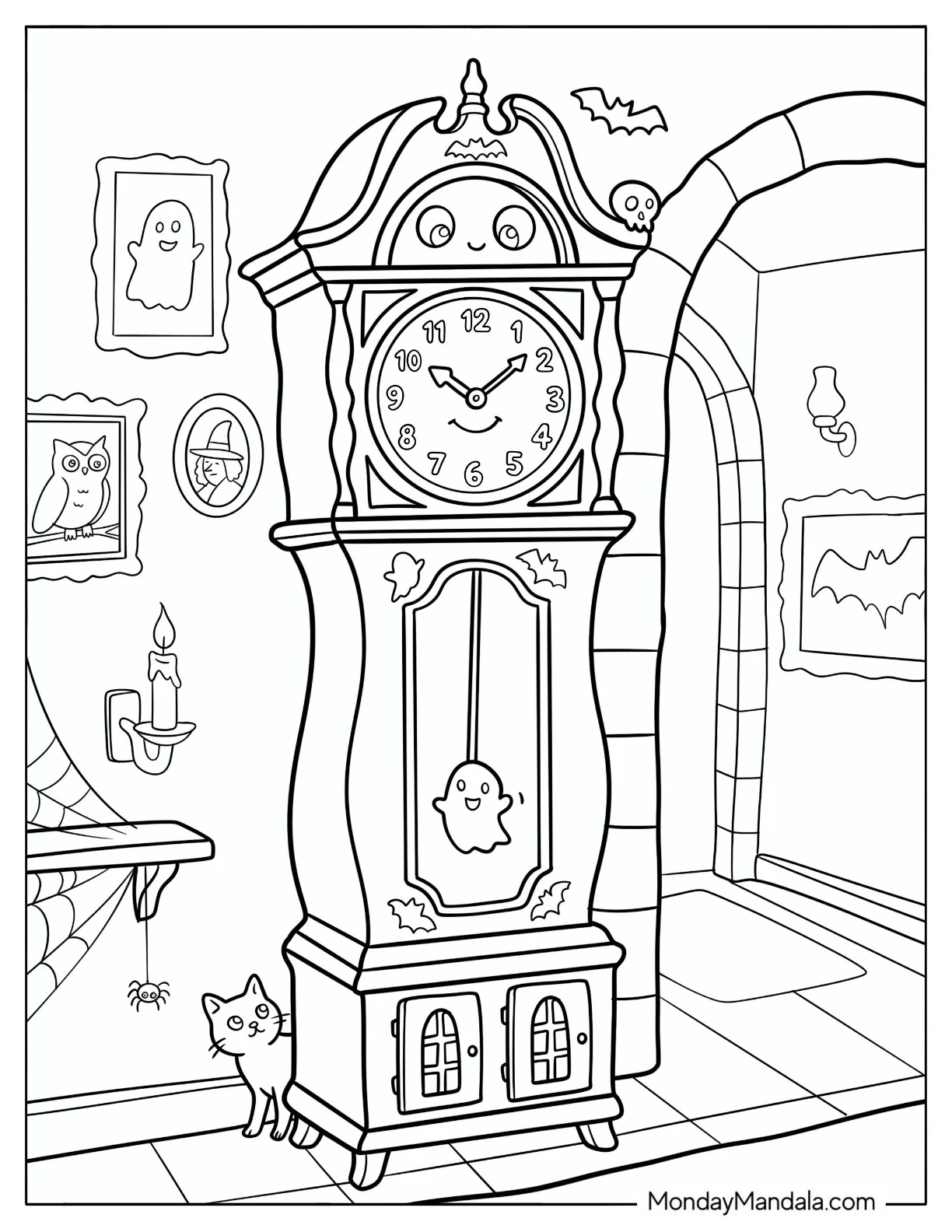 Haunted Grandfather Clock with a Ghost Pendulum Coloring Page coloring page