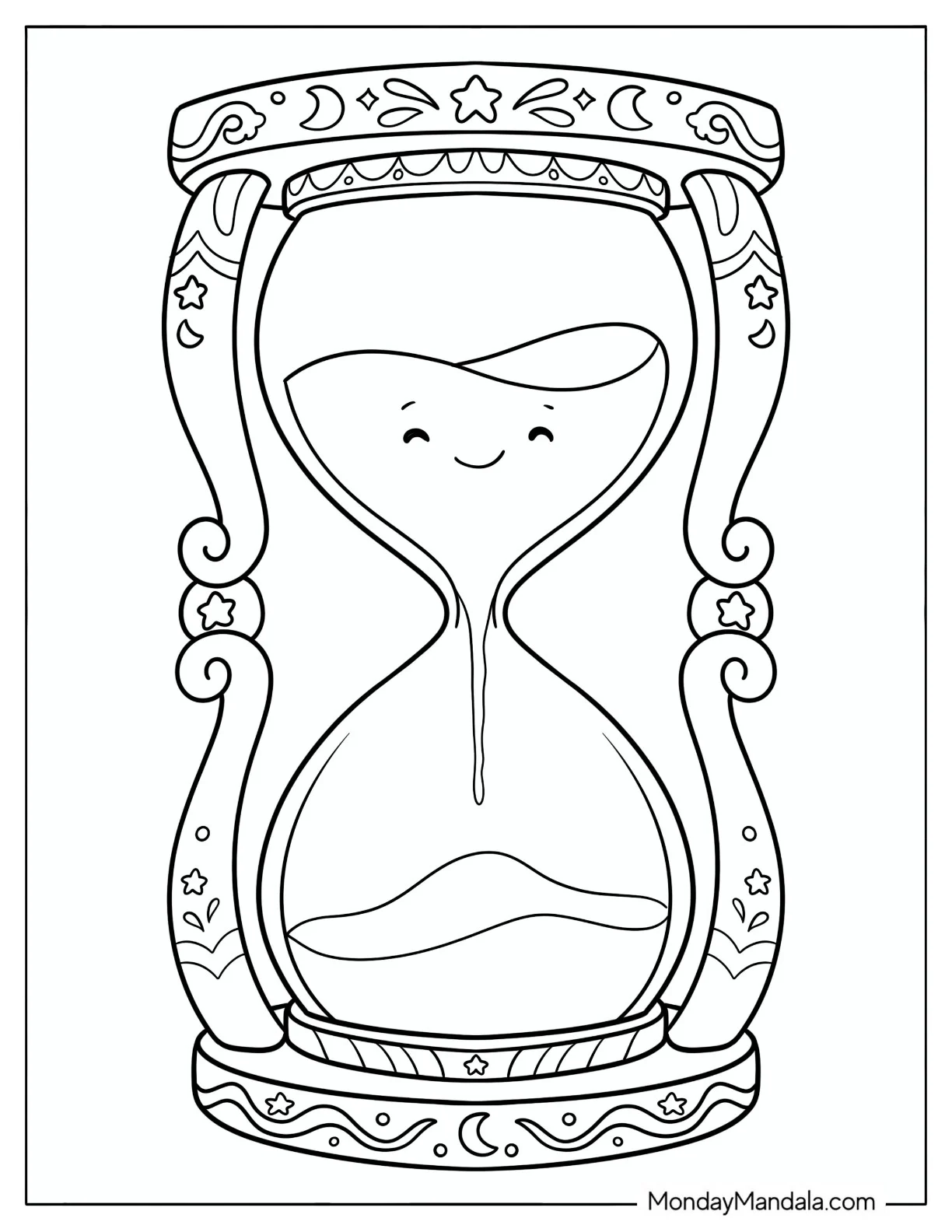 Ornate Hourglass with Moon and Star Decorations Coloring Page for Kids coloring page