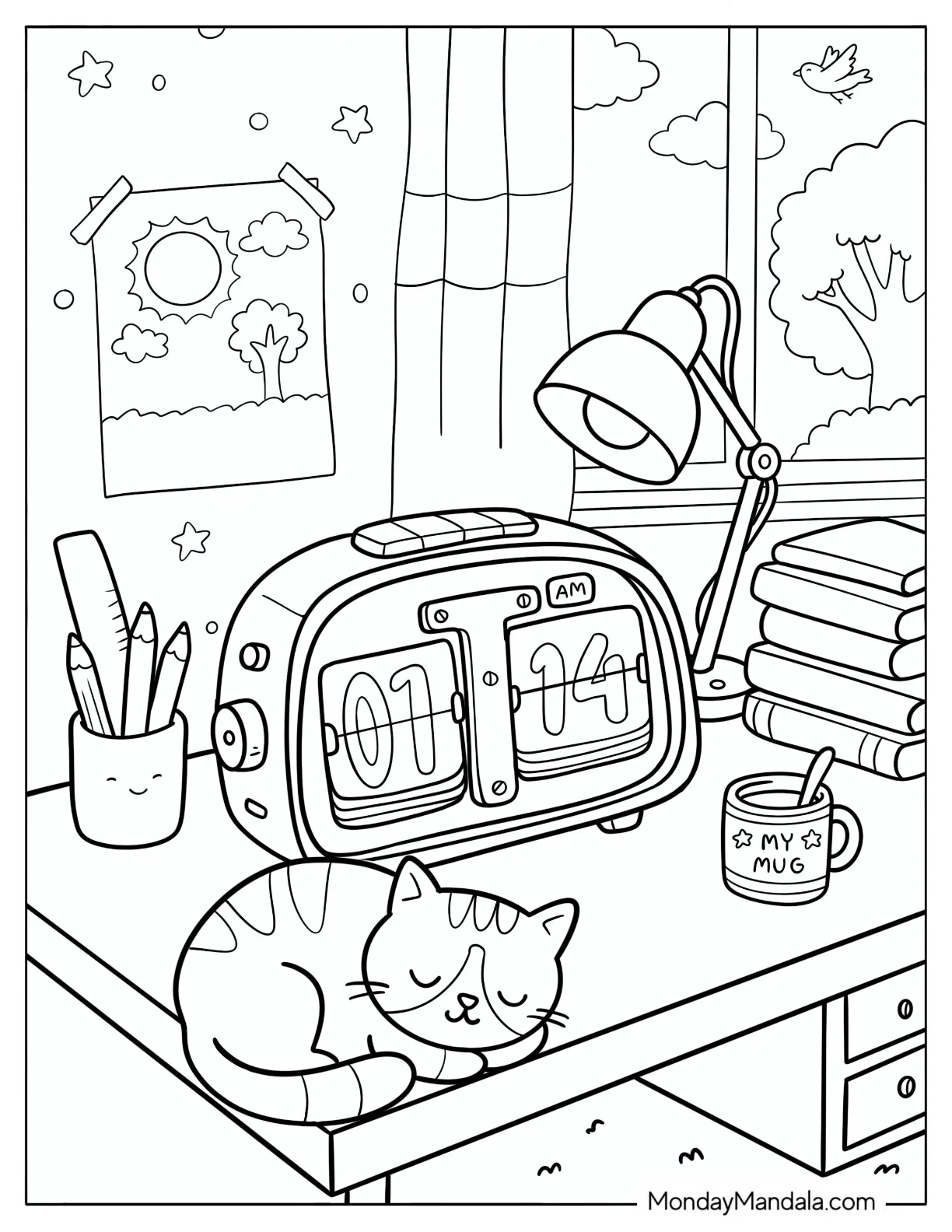 Retro Flip Clock Beside a Sleeping Cat on a Desk Coloring Page coloring page