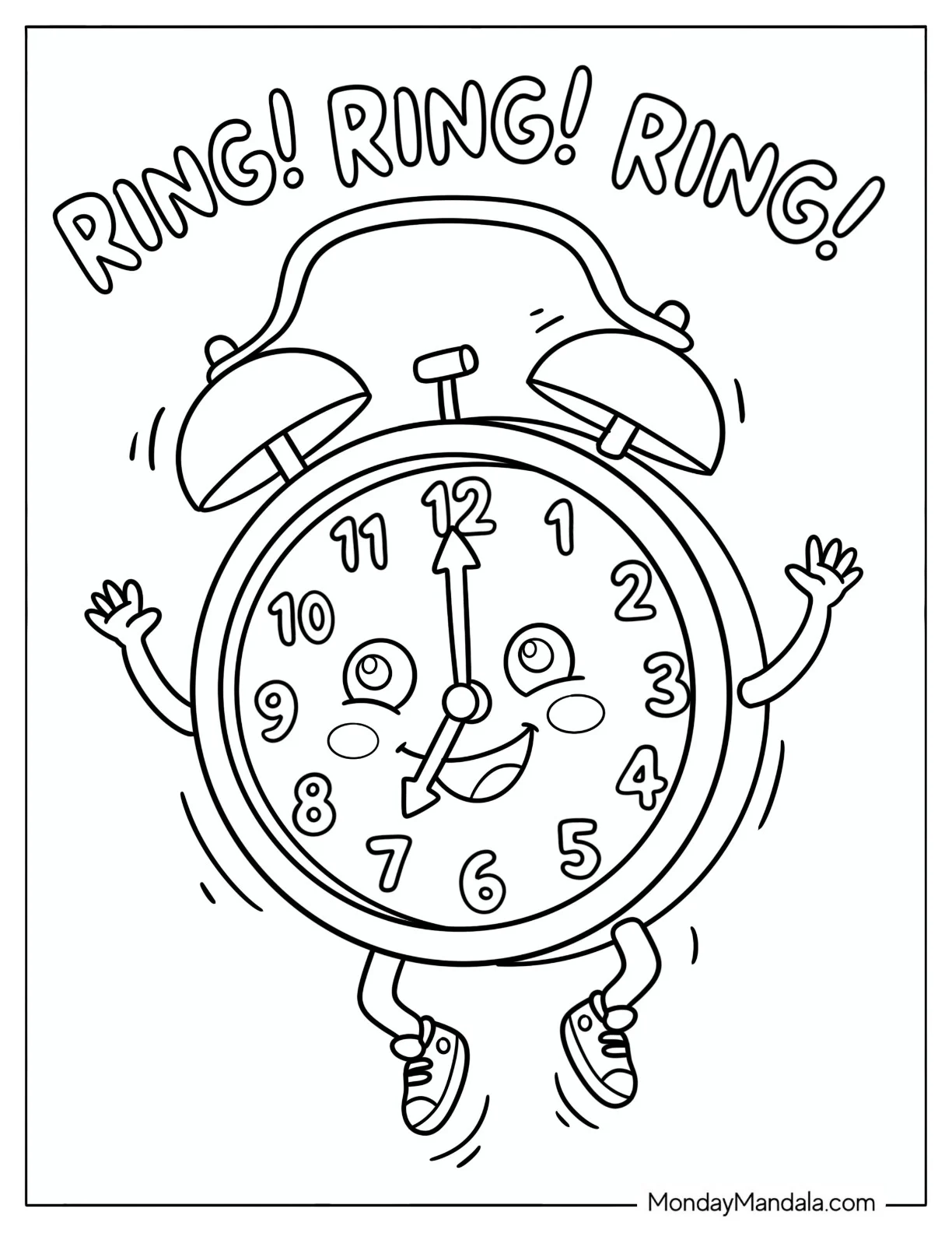 Ringing Alarm Clock Jumping with Excitement Coloring Page coloring page