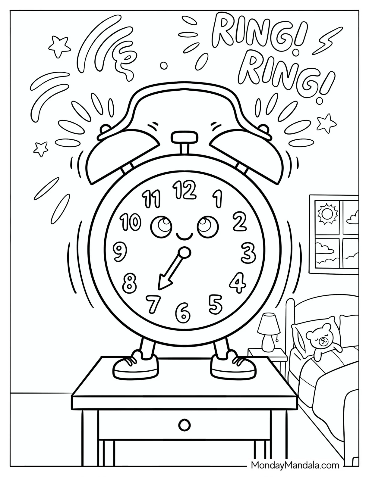 Ringing Alarm Clock Waking a Child in Bed Coloring Page for Kids coloring page — printable line art