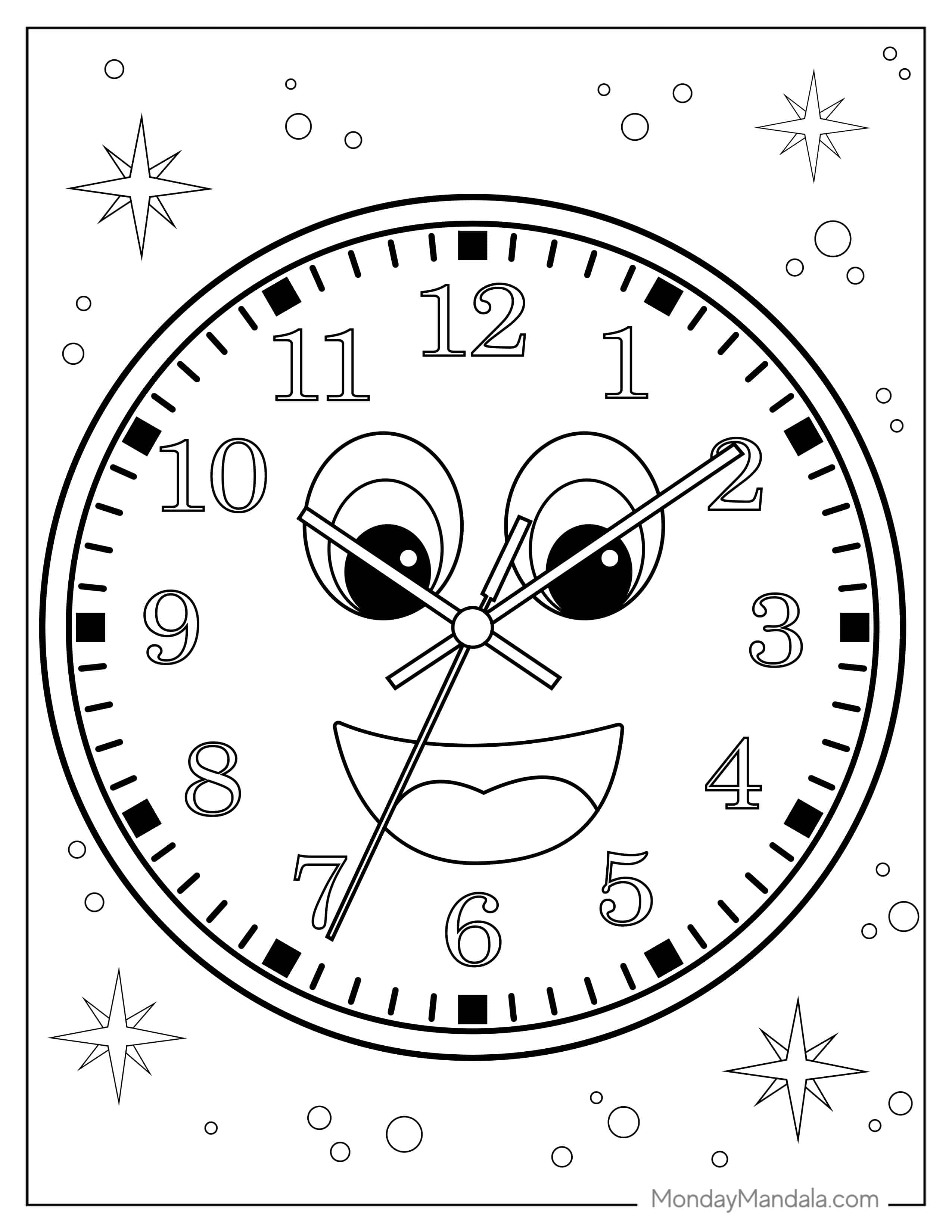 Smiley Face Clock Coloring Page coloring page — printable line art
