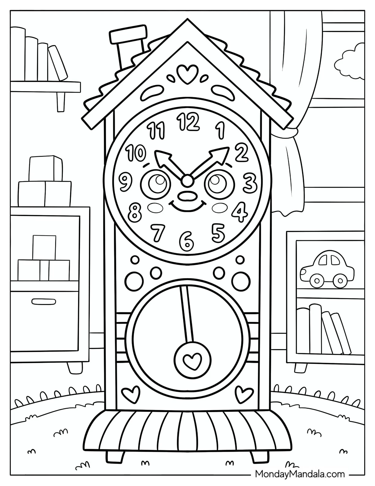 Smiling Cuckoo Clock with Heart Decorations Coloring Page coloring page — printable line art