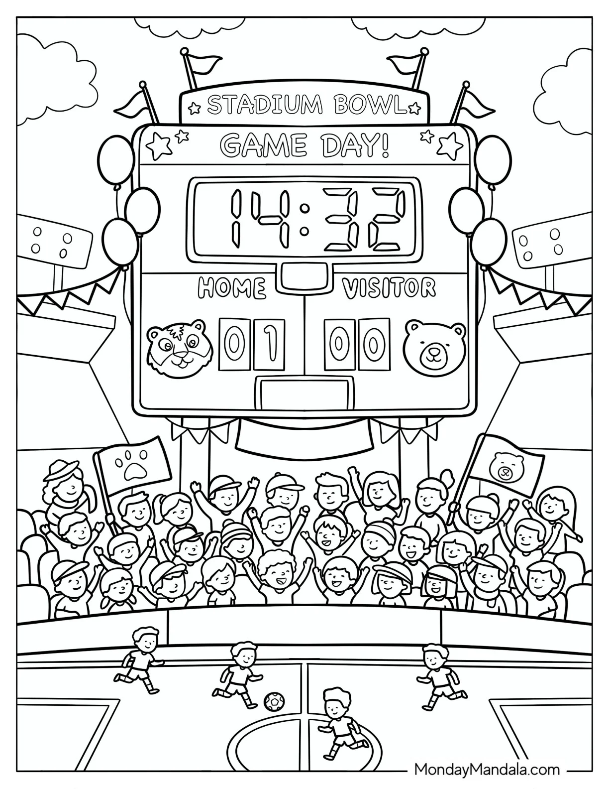 Soccer Stadium Game Clock Above a Cheering Crowd Coloring Sheet coloring page