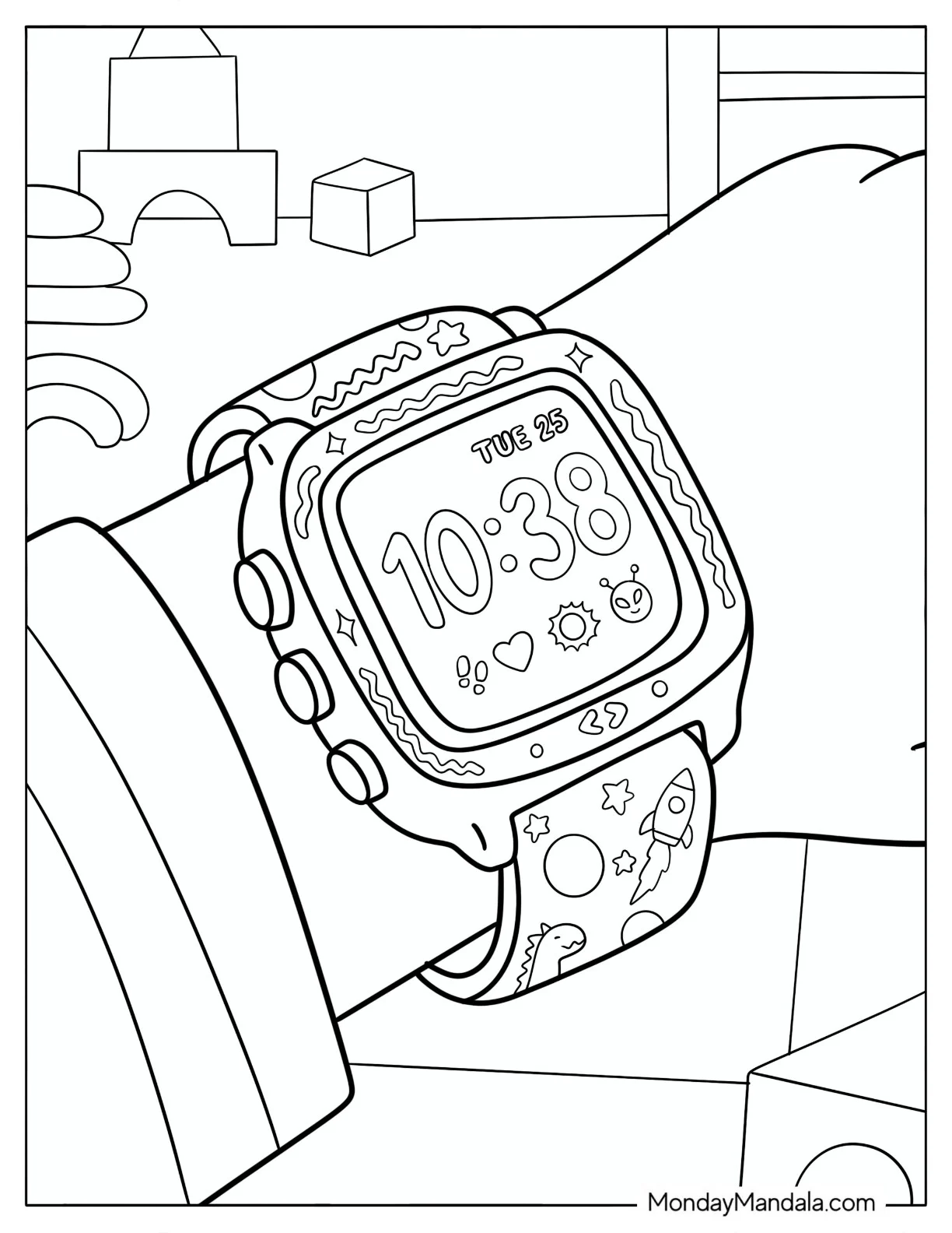 Space Themed Smartwatch Displaying the Time coloring page — printable line art