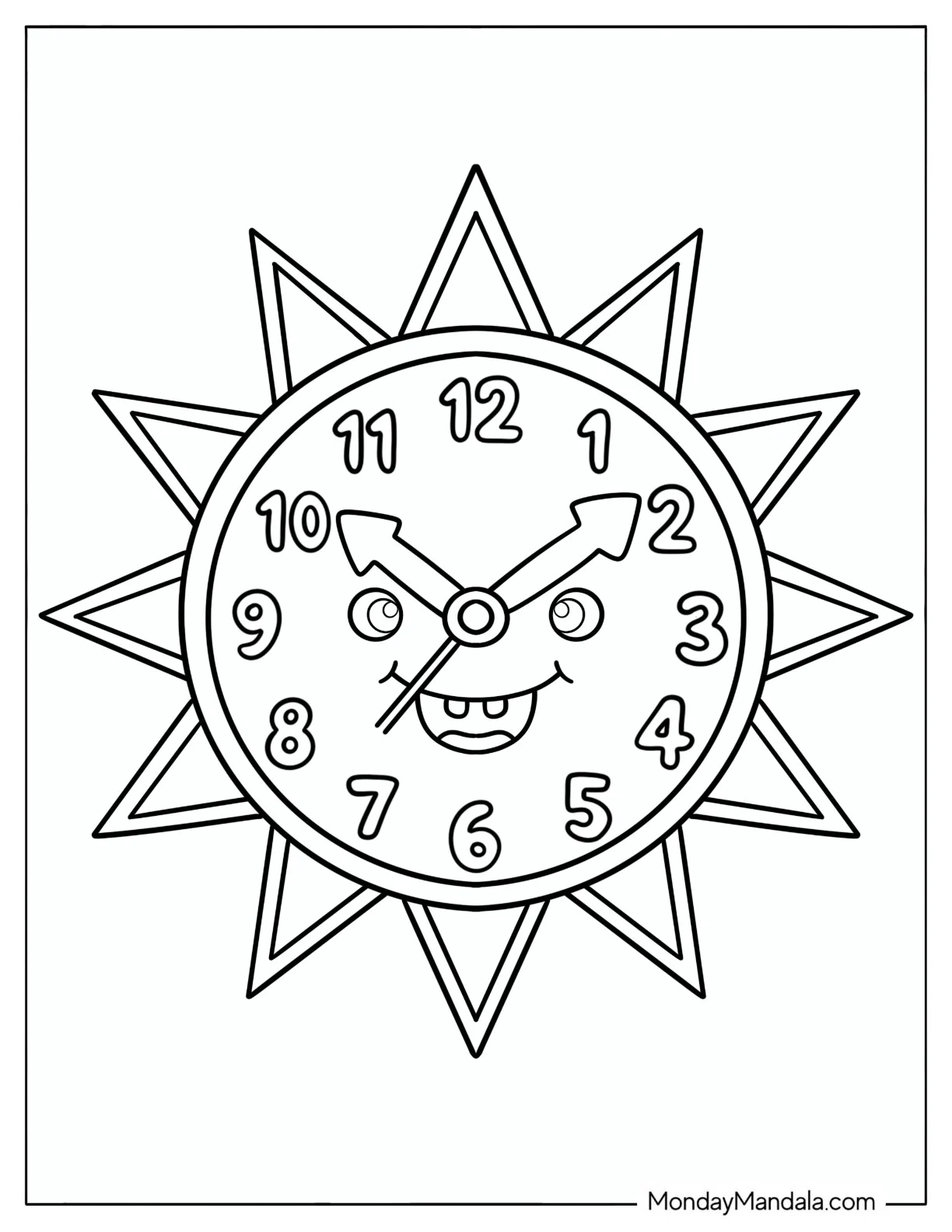 Sun Shaped Wall Clock with a Cheerful Face Coloring Page coloring page