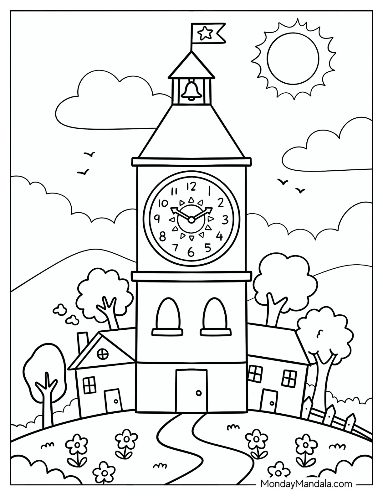 Sunny Village Clock Tower on a Flowering Hill Coloring Sheet coloring page — printable line art