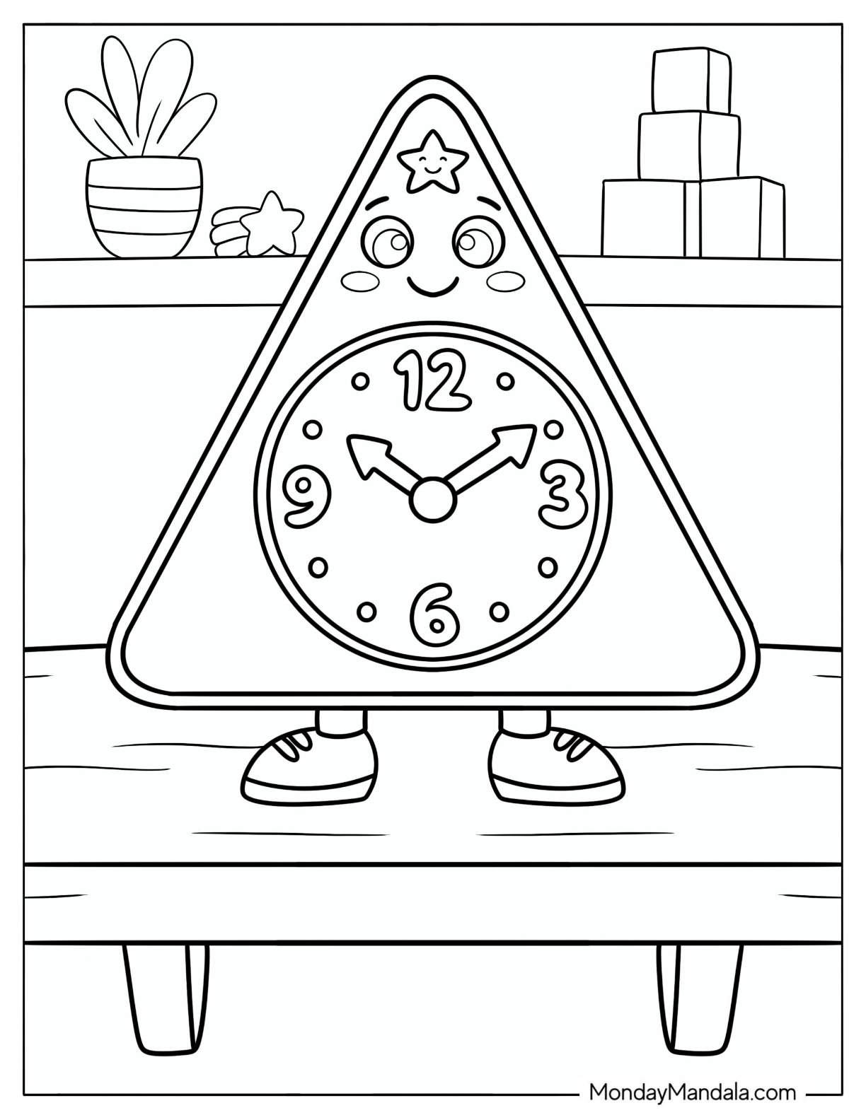 Triangle Shaped Clock Standing on a Table coloring page
