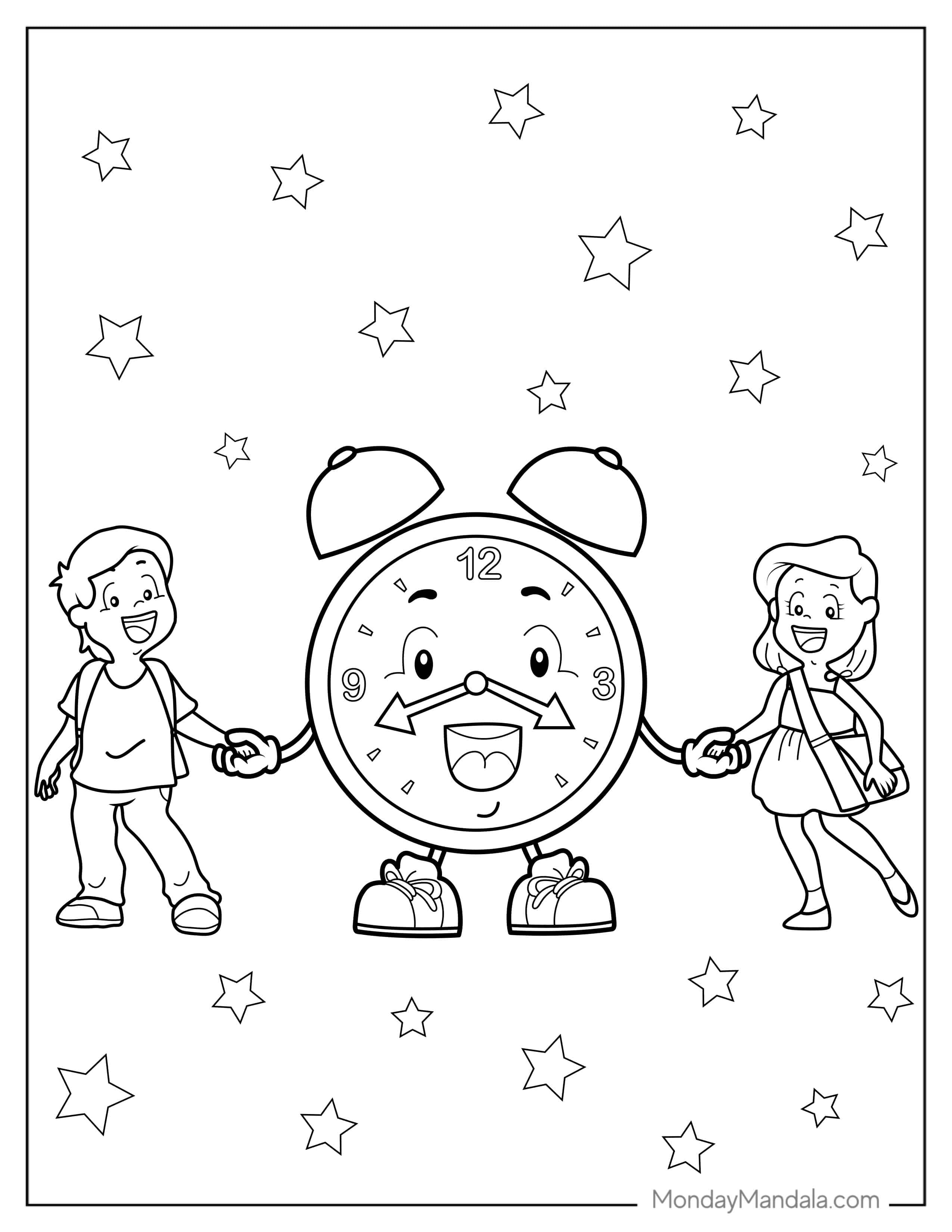 Two Children Holding Hands With a Clock coloring page