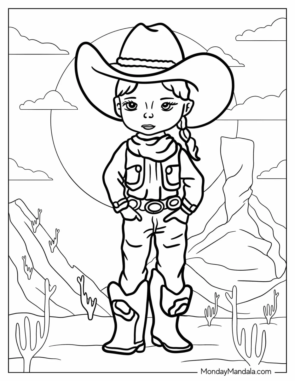 Adorable Little Cowboy Coloring Page In The Desert coloring page