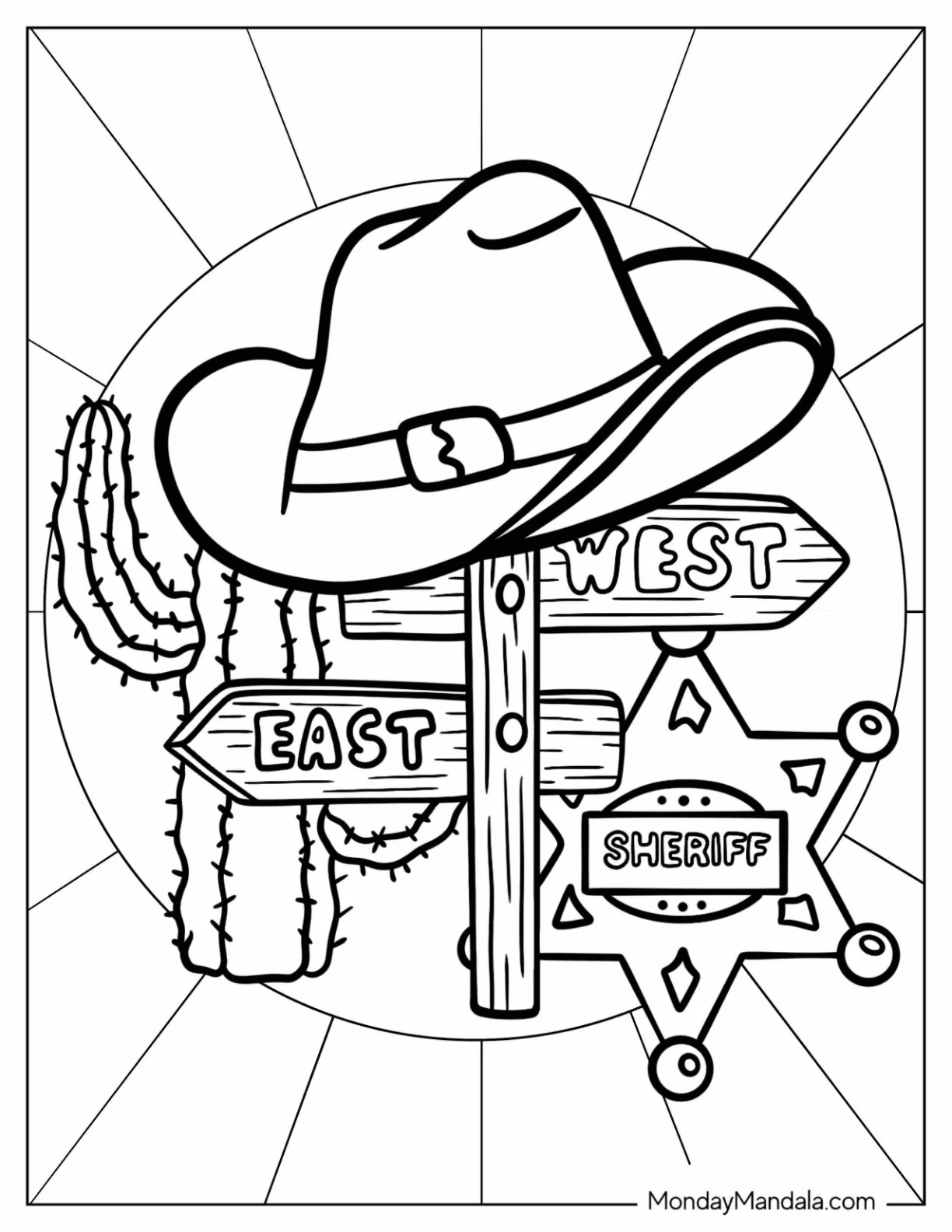 Cowboy Coloring Page Hat, Sheriff s Badge, Cactus, And Wooden Road Sign coloring page — printable line art
