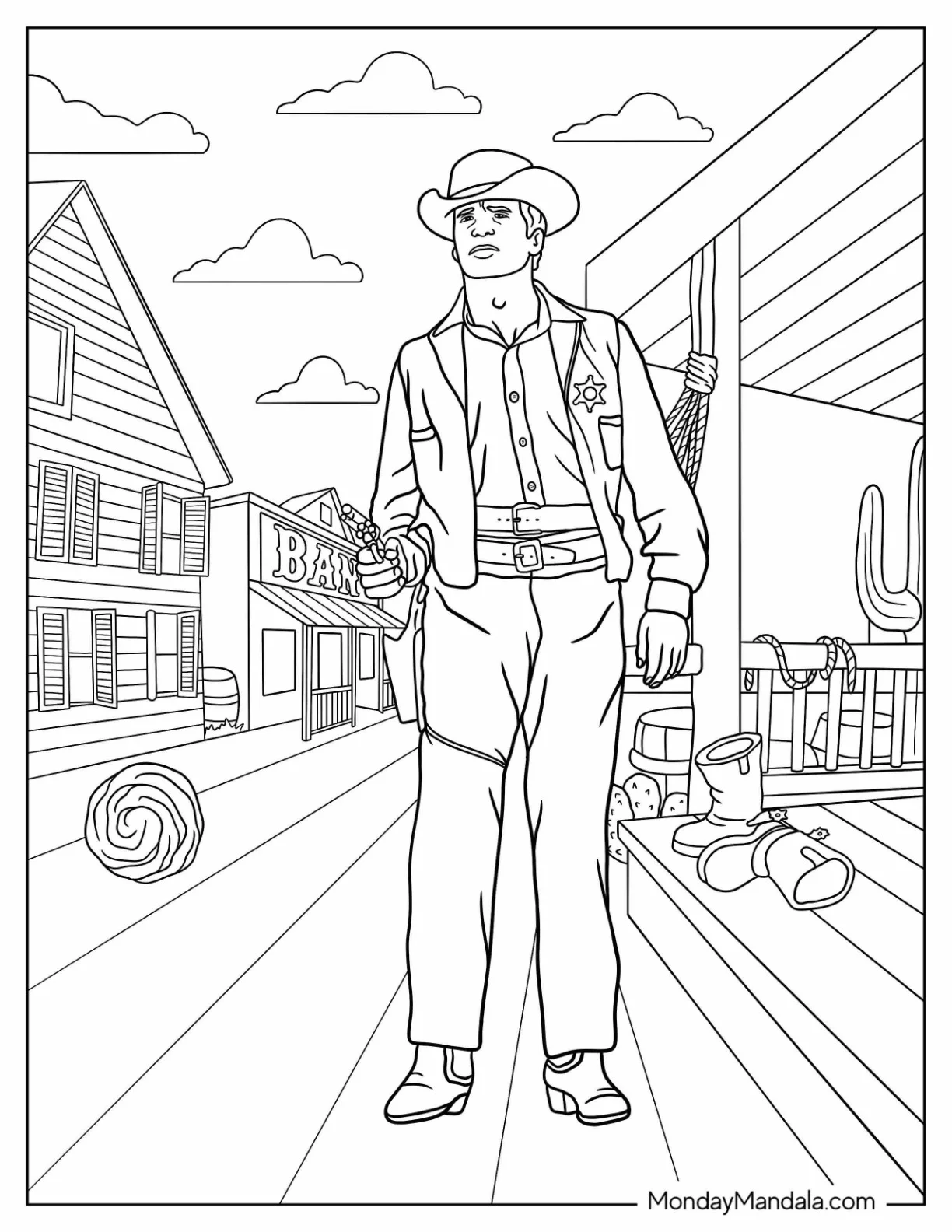 Cowboy Coloring Page Holding Gun In Old West Town coloring page