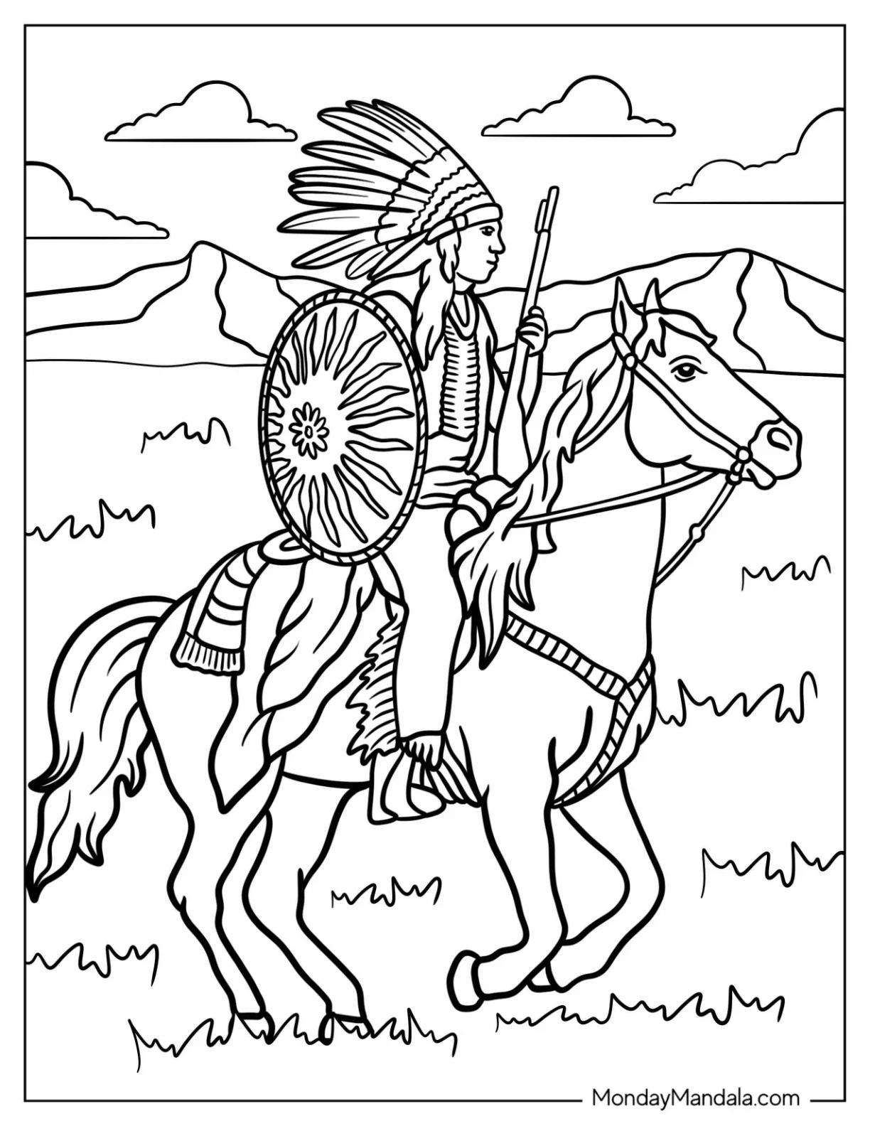 Cowboy Coloring Page Of Native American Riding A Horse coloring page — printable line art