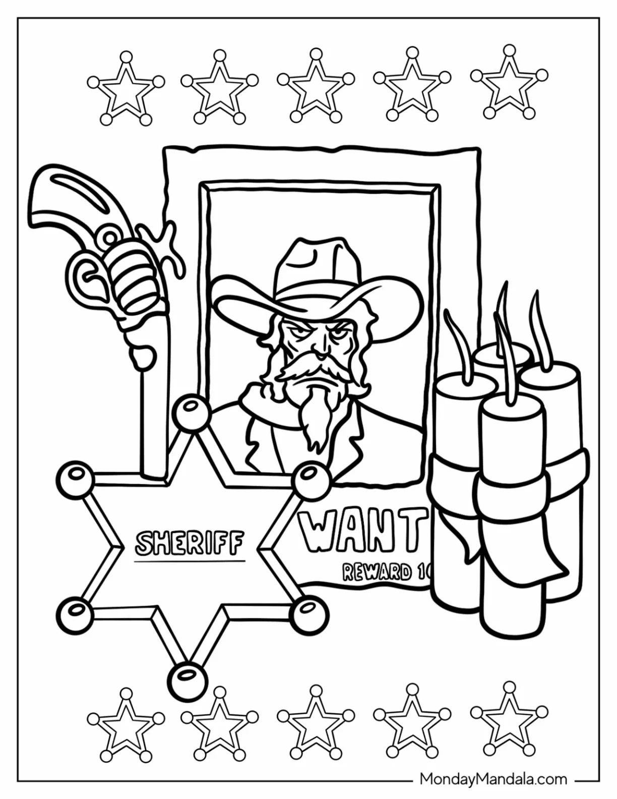 Cowboy Coloring Page Sheriff Photograph, Dynamite, Badge, And Gun coloring page — printable line art