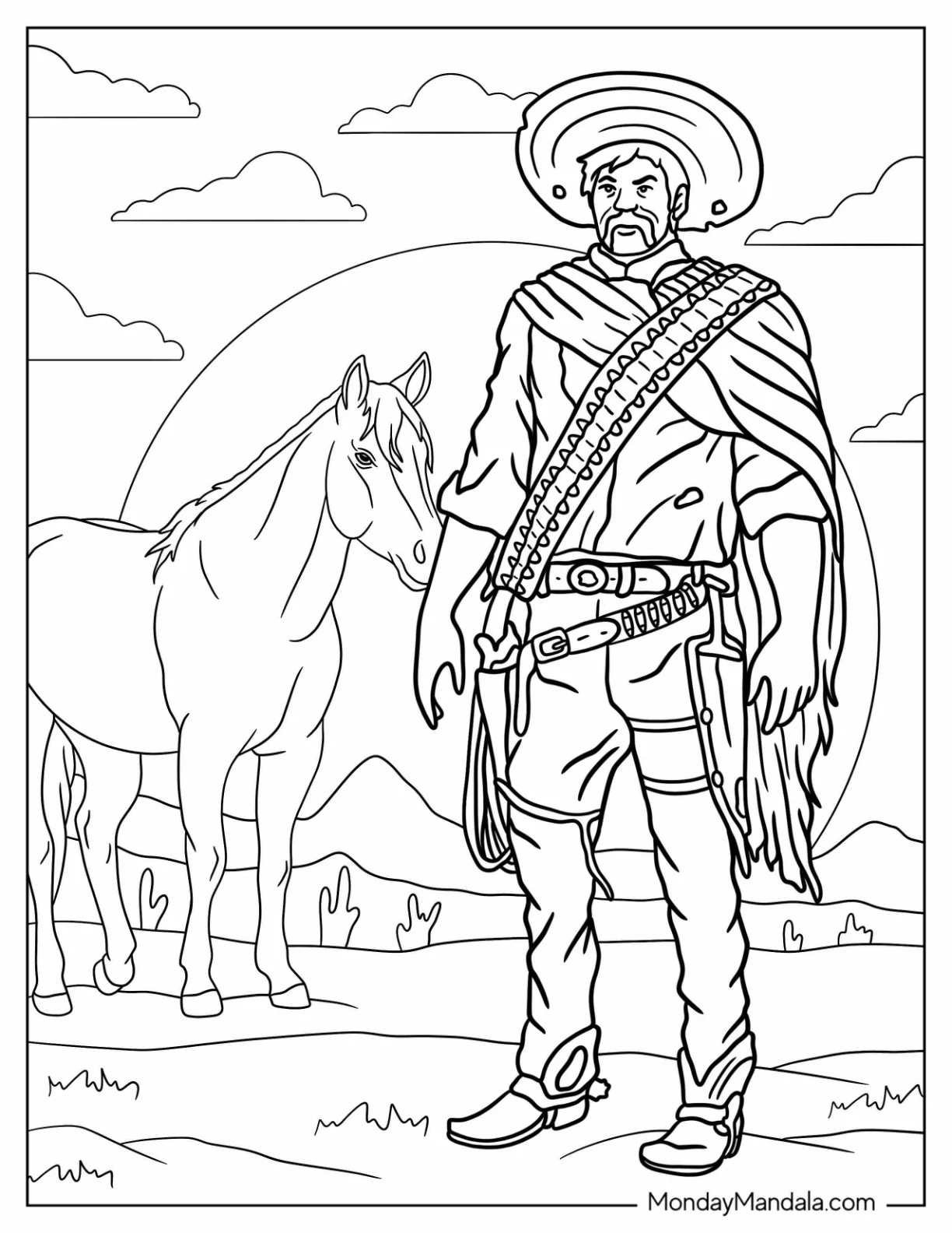 Cowboy Coloring Page With Guns Standing In Front Of Horse coloring page