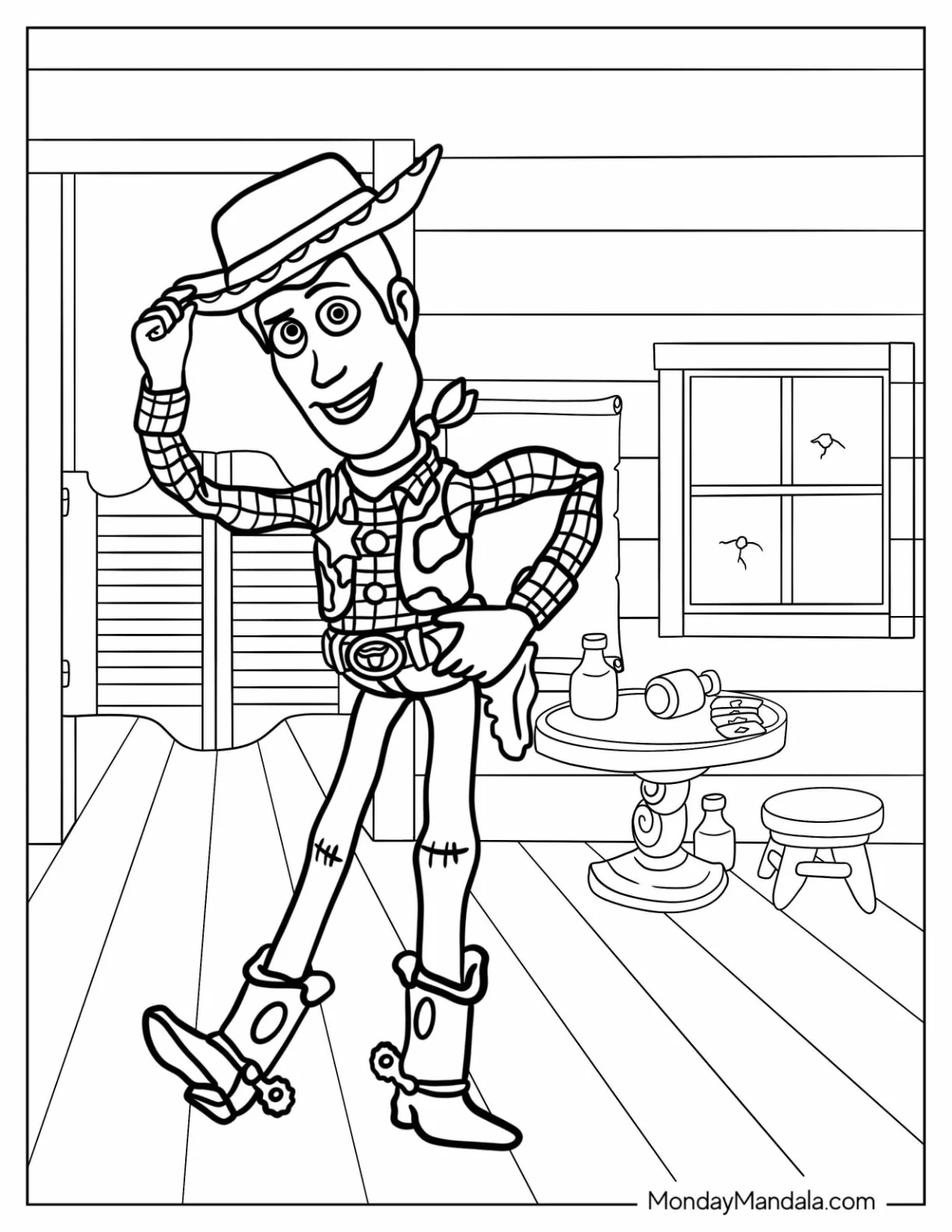 Cowboy Coloring Page Woody Tipping His Hat For Kids coloring page — printable line art