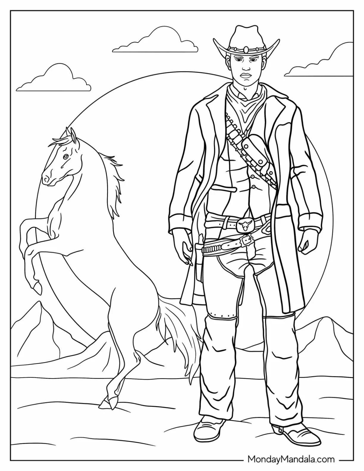 Detailed Cowboy Coloring Page And Horse In Desert coloring page