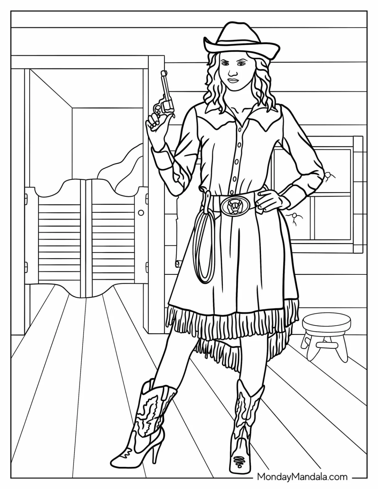 Female Cowboy Coloring Page In Saloon coloring page