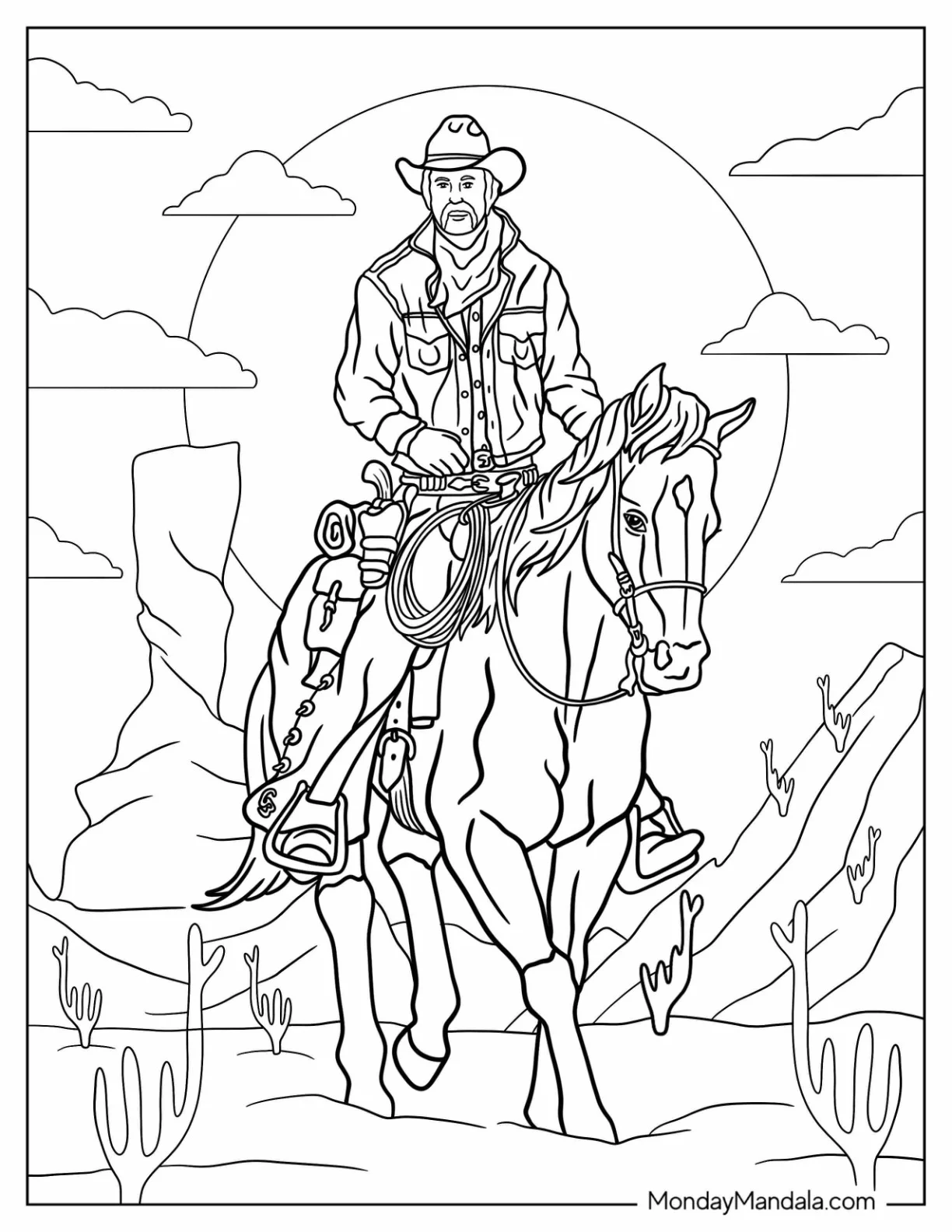 Realistic Cowboy Coloring Page On A Horse coloring page