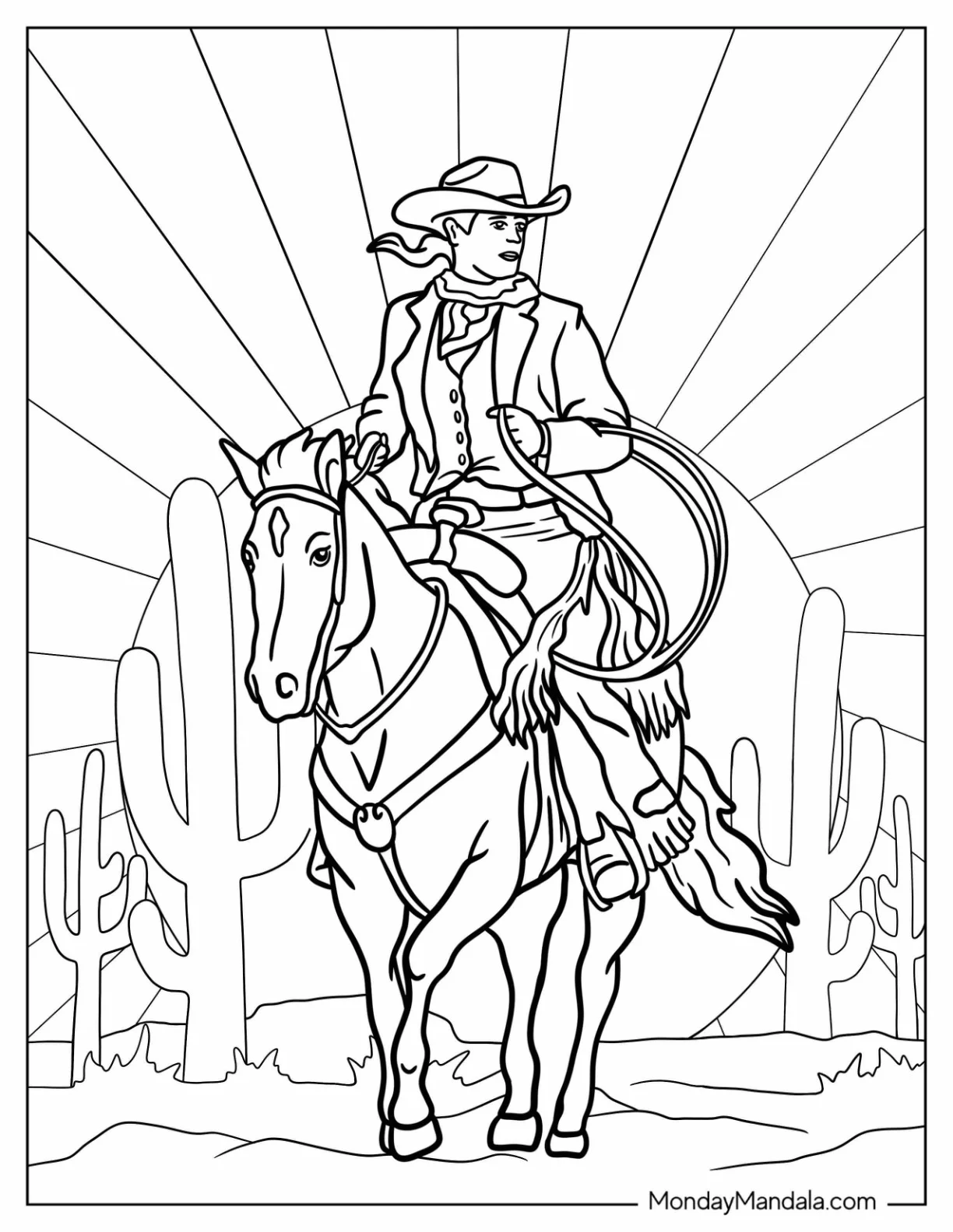 Realistic Cowboy Coloring Page Riding A Horse With The Sun Behind Them coloring page