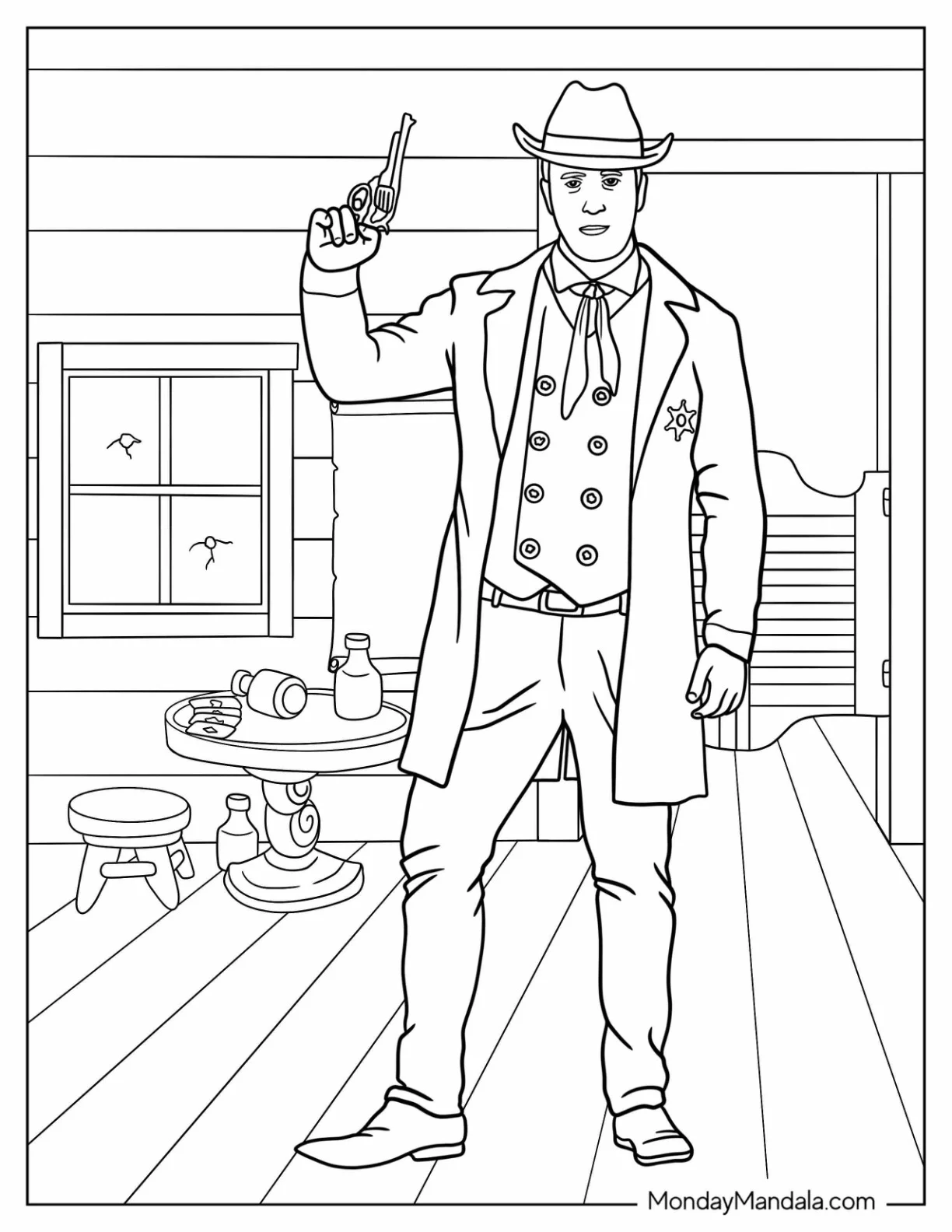 Realistic Cowboy Coloring Page With Gun In Saloon coloring page