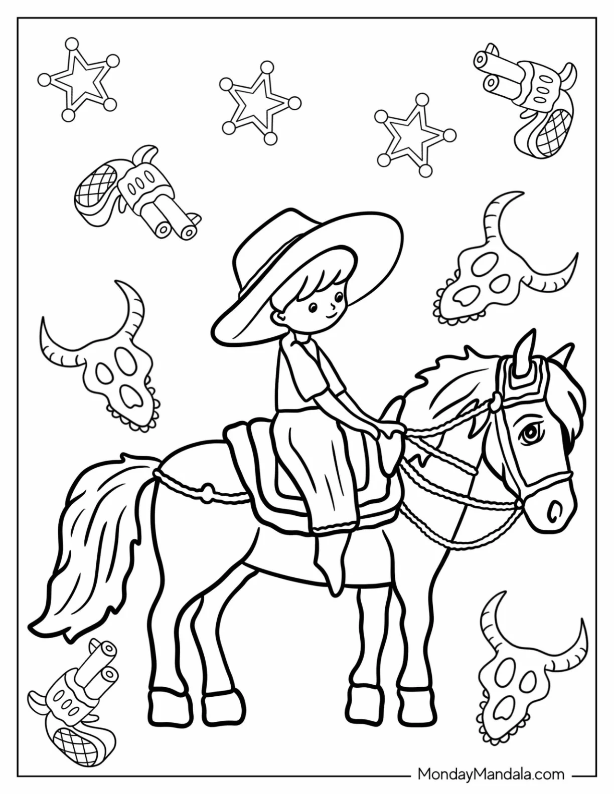 Young Cowboy Coloring Page Riding A Horse For Kids coloring page