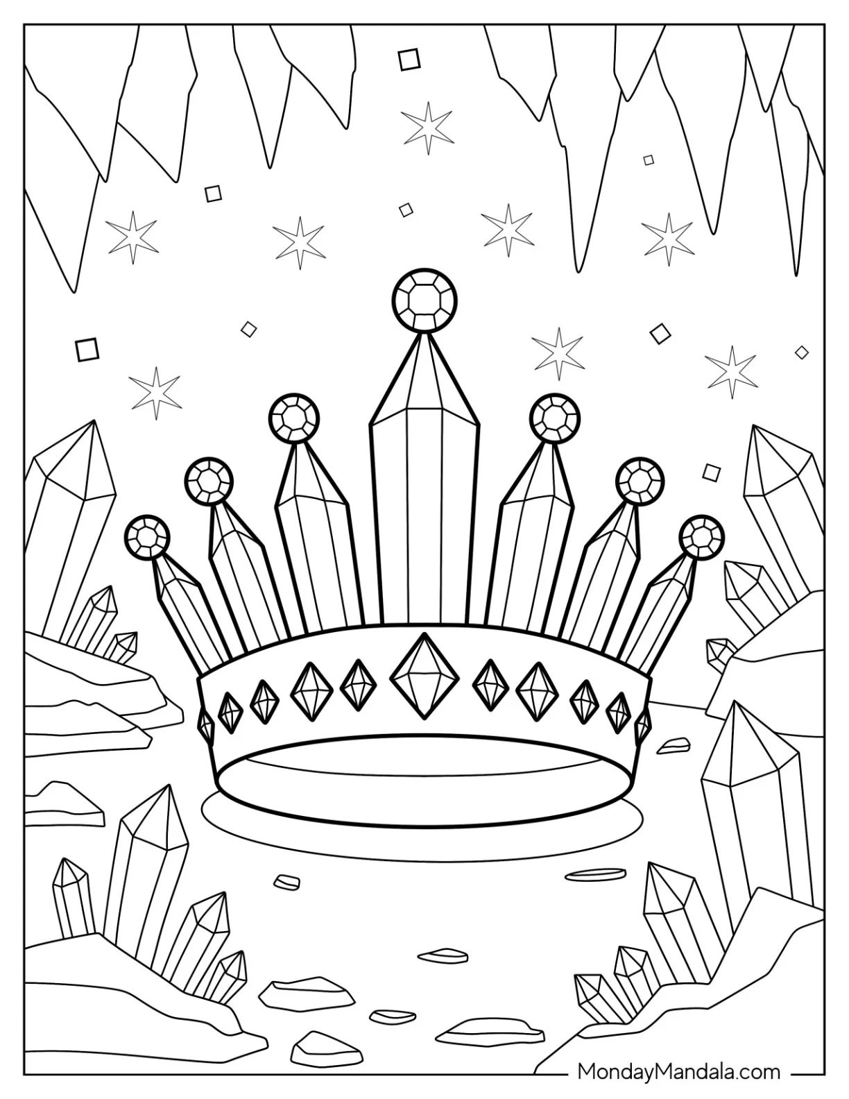 Crystal Crown Coloring Page in a Glittering Gemstone Cave coloring page — printable line art