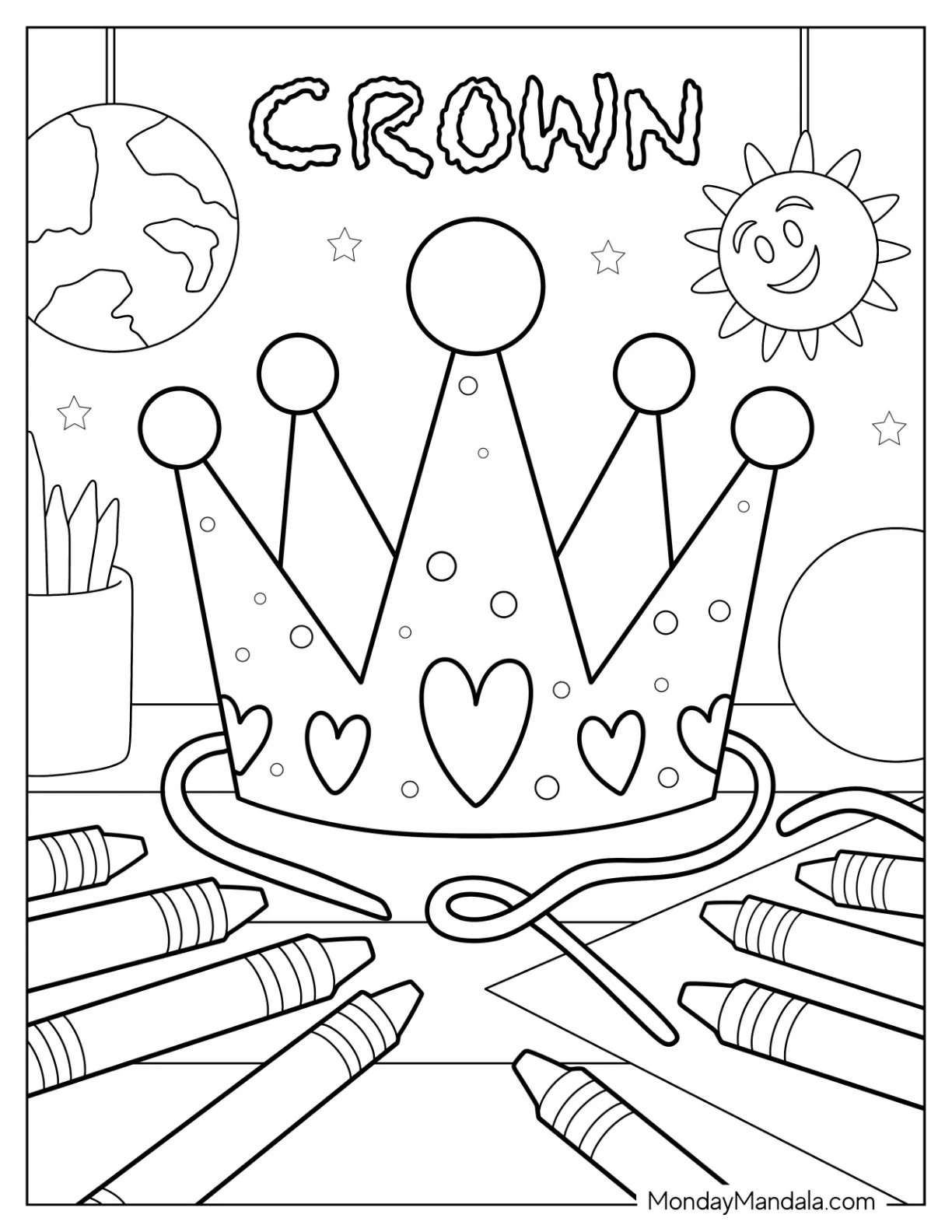Cute DIY Crown Coloring Page with Hearts, Crayons, and Stars For Kids coloring page — printable line art