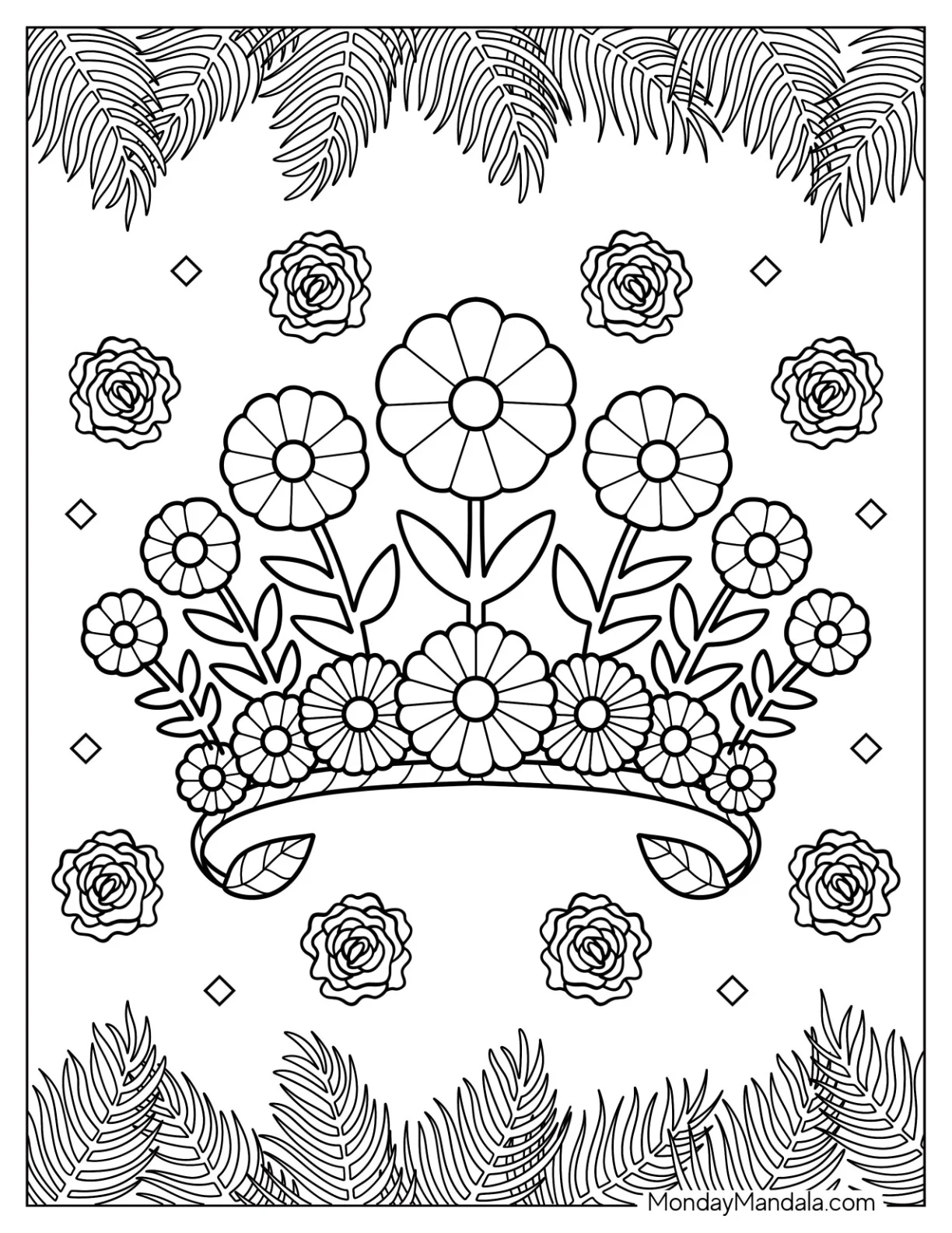 Detailed Flower Crown Coloring Page Surrounded by Roses and Fern Leaves coloring page — printable line art