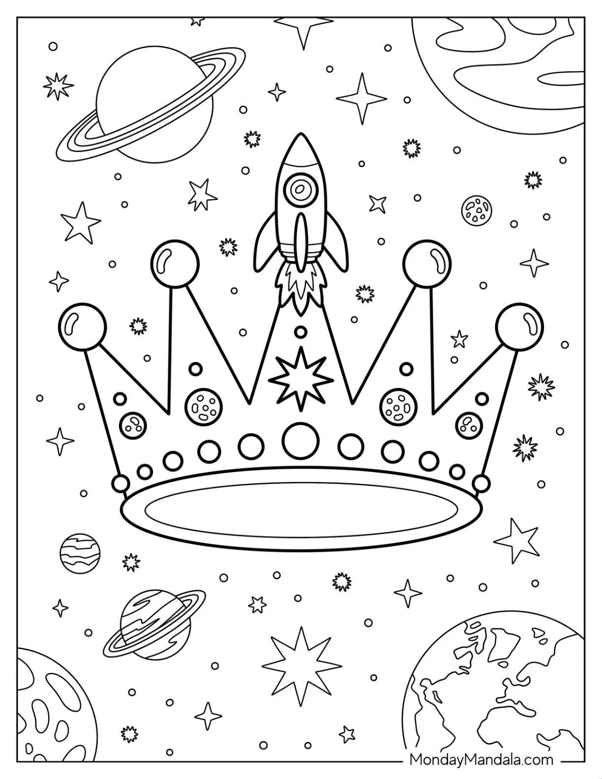 Galactic Crown Coloring Page with Planets, Stars, and Rocket Launch coloring page — printable line art