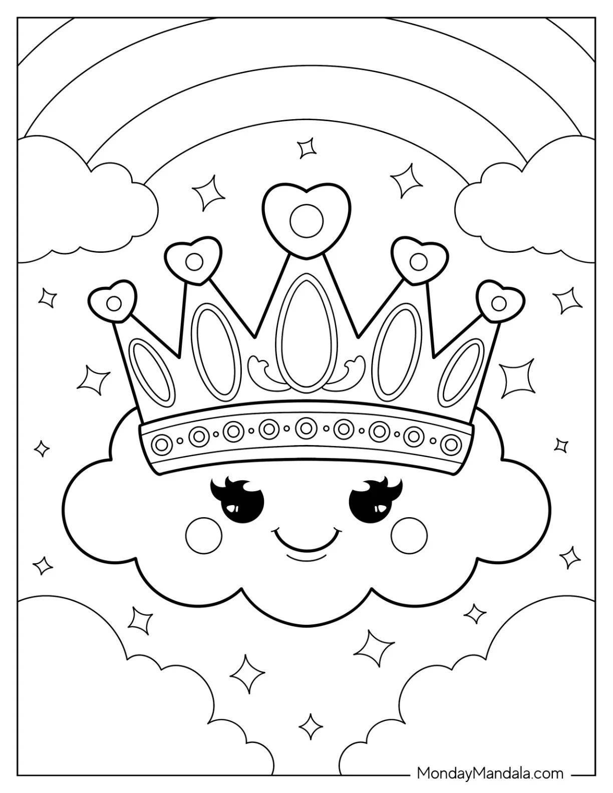Happy Cloud Princess With Crown Coloring Page Under Rainbow and Stars coloring page