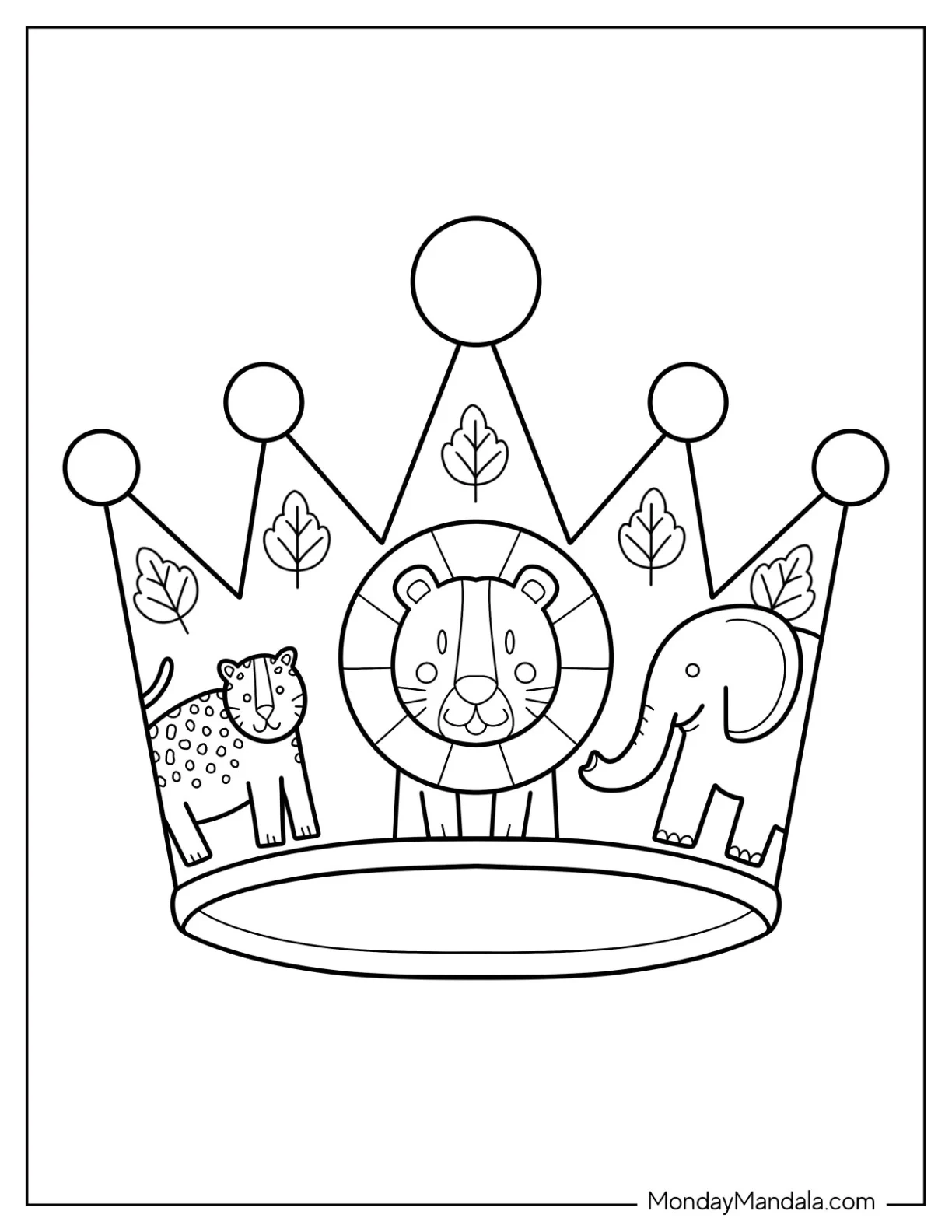 Jungle Animal Crown Coloring Page with Lion, Elephant, and Leopard For Preschoolers coloring page