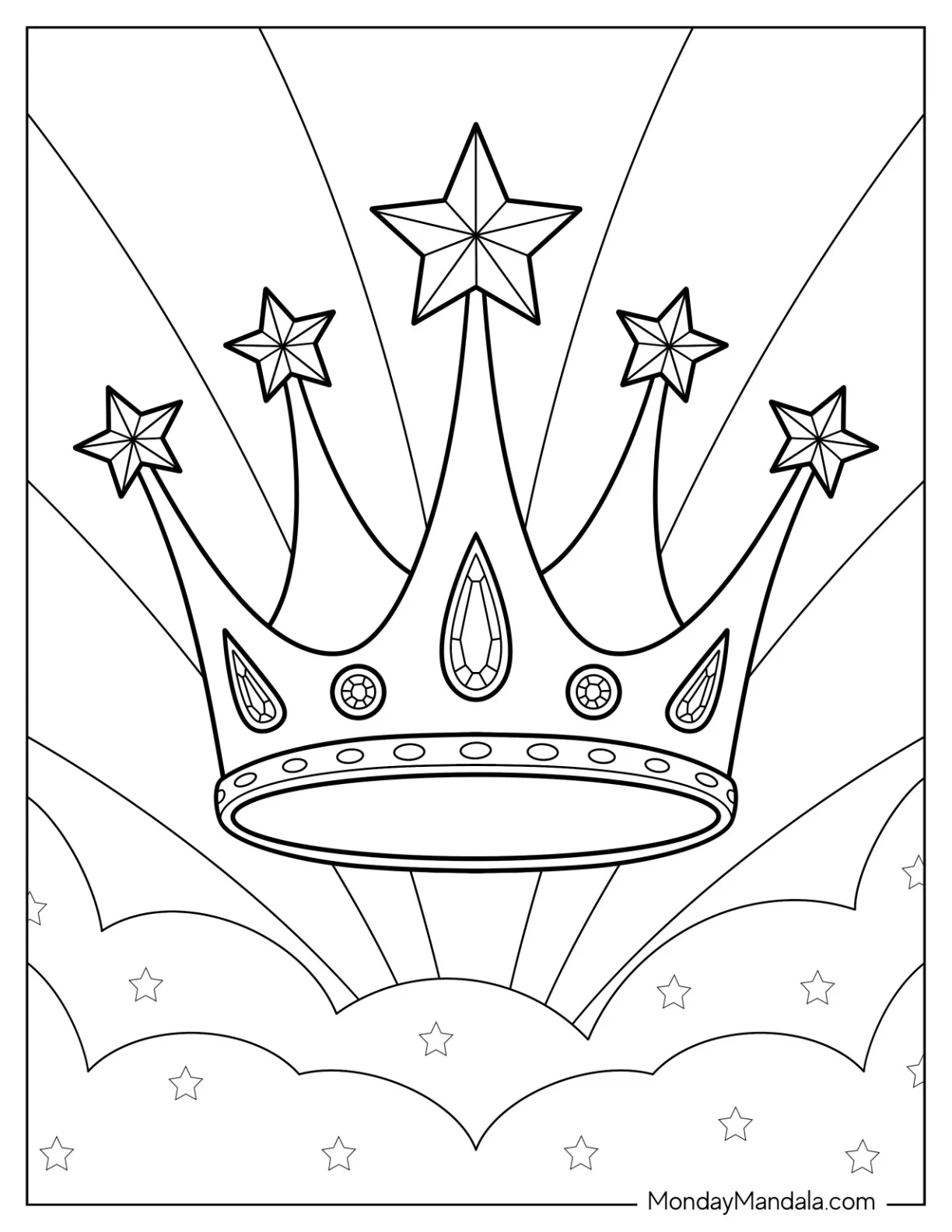 Majestic Crown Coloring Page with Stars and Light Beams coloring page — printable line art
