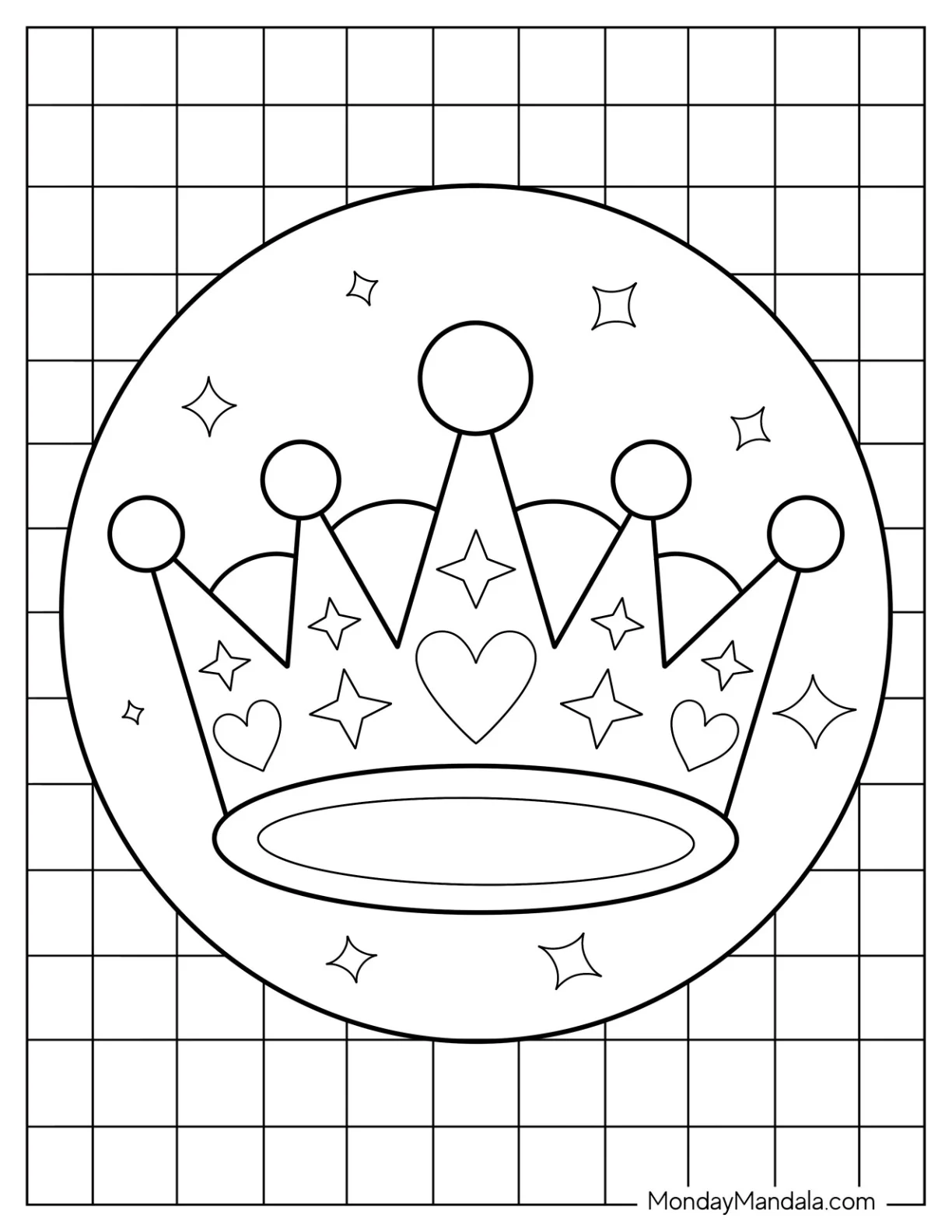 Playful Royal Crown Coloring Page Surrounded by Hearts and Stars For Kids coloring page