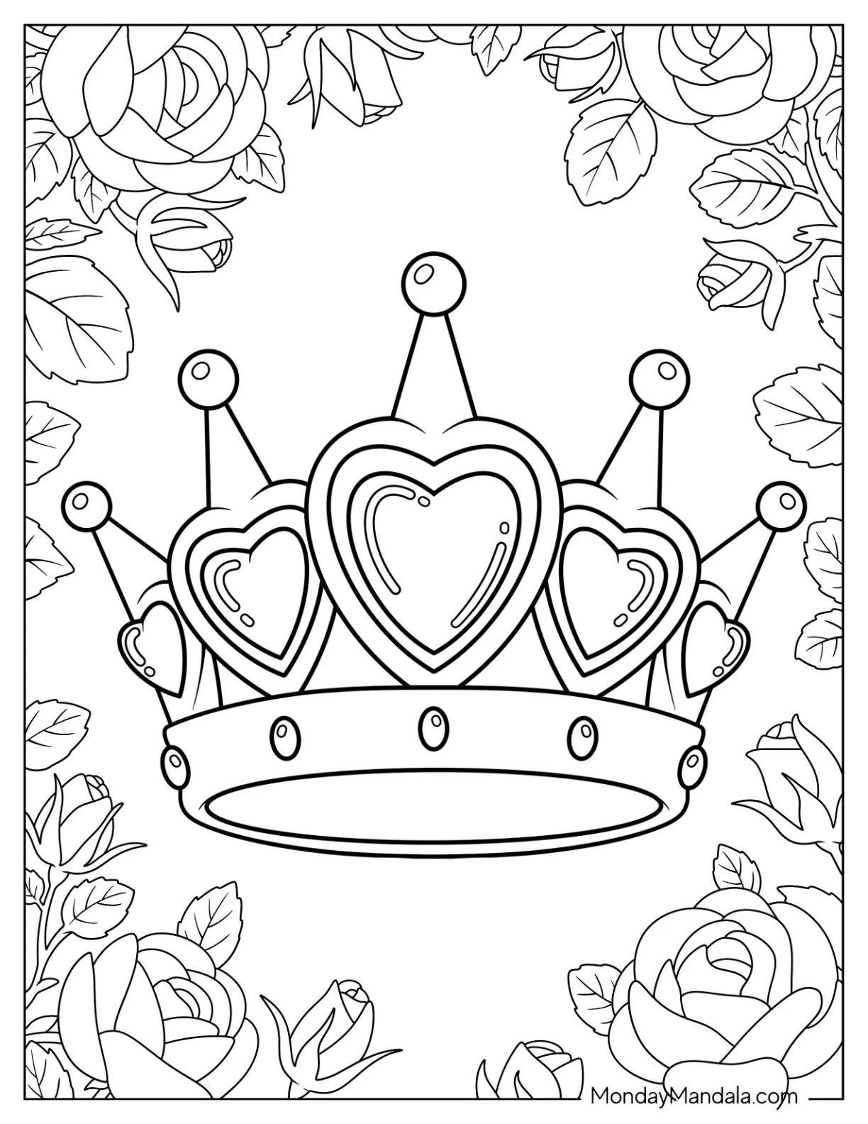 Pretty Crown Coloring Page With Heart Shaped Jewels For Kids coloring page