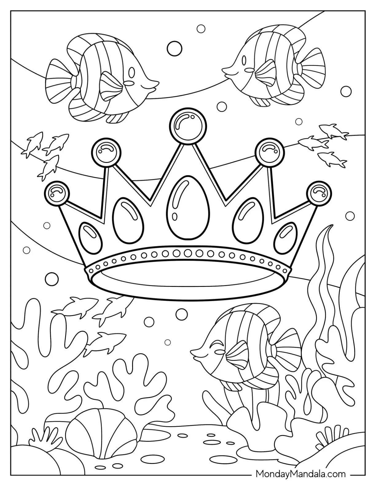 Royal Crown Coloring Page Under The Sea With Fishes coloring page — printable line art