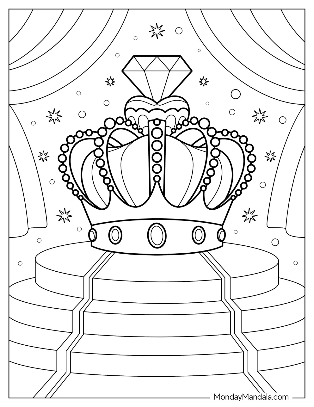 Royal Crown Coloring Page With Large Diamond Displayed on a Grand Staircase coloring page — printable line art